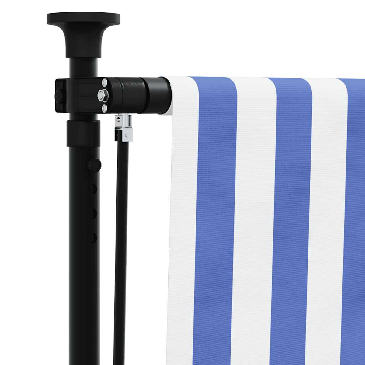 Detail eines Markisenträgers. Blau-weiße Streifen auf Stoff. Schwarze Metallteile.