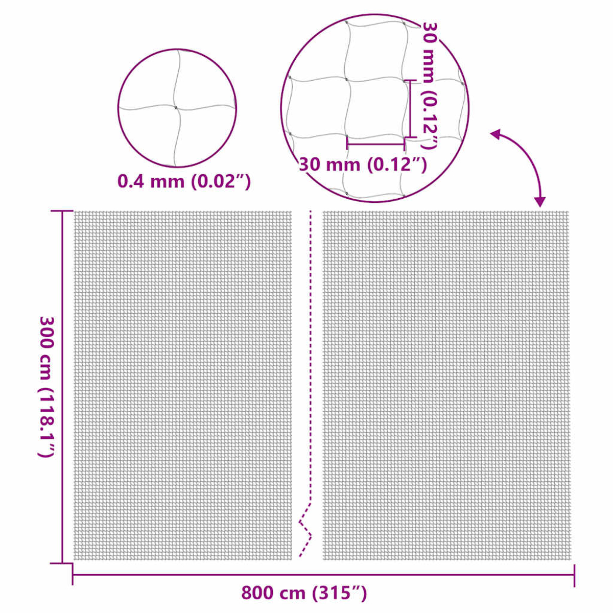Detaillierte Maßzeichnung eines Sicherheitsnetzes: 300cm x 800cm. Maschendetails sichtbar.