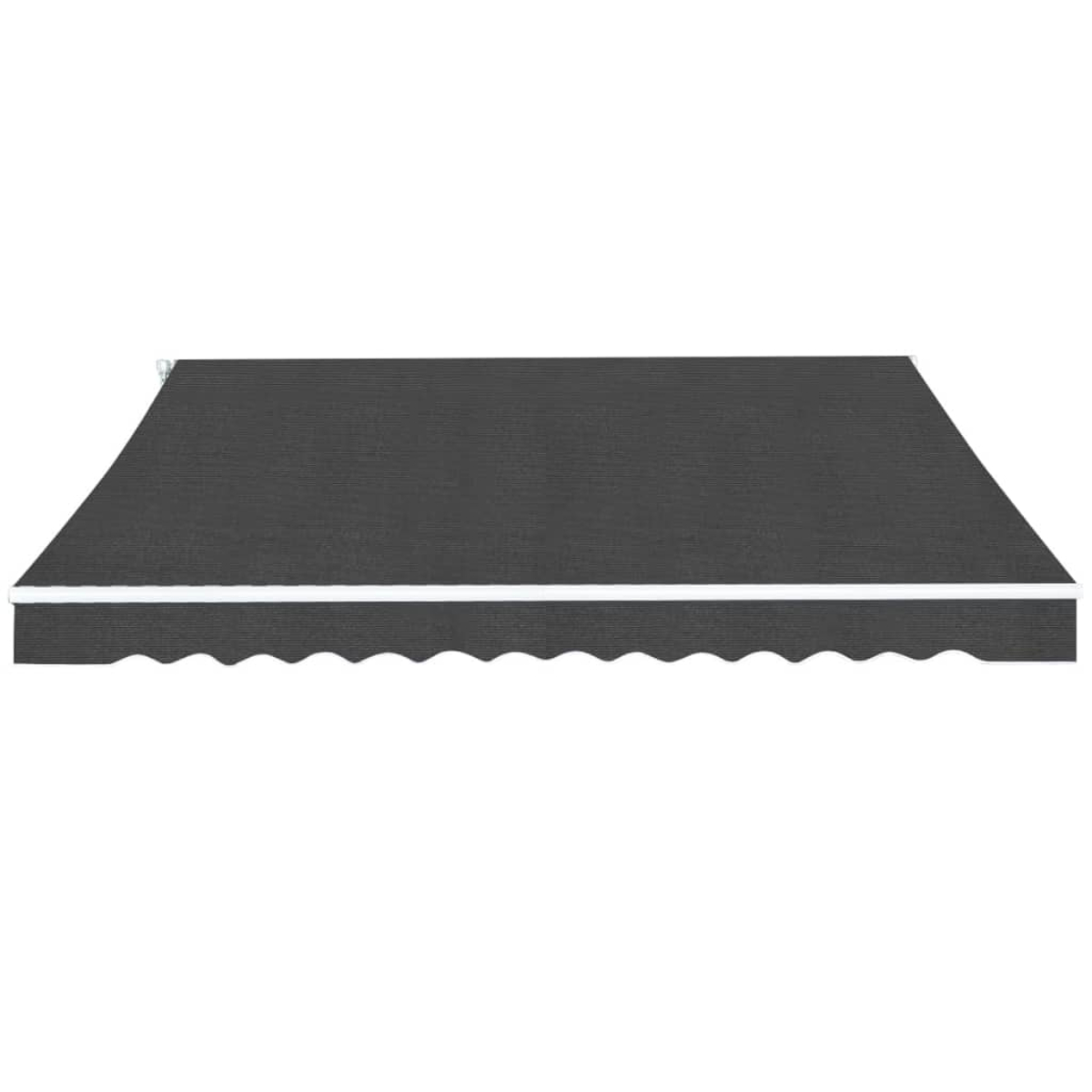 Dunkelgraue Markise mit weißem Rand, horizontal ausgefahren.