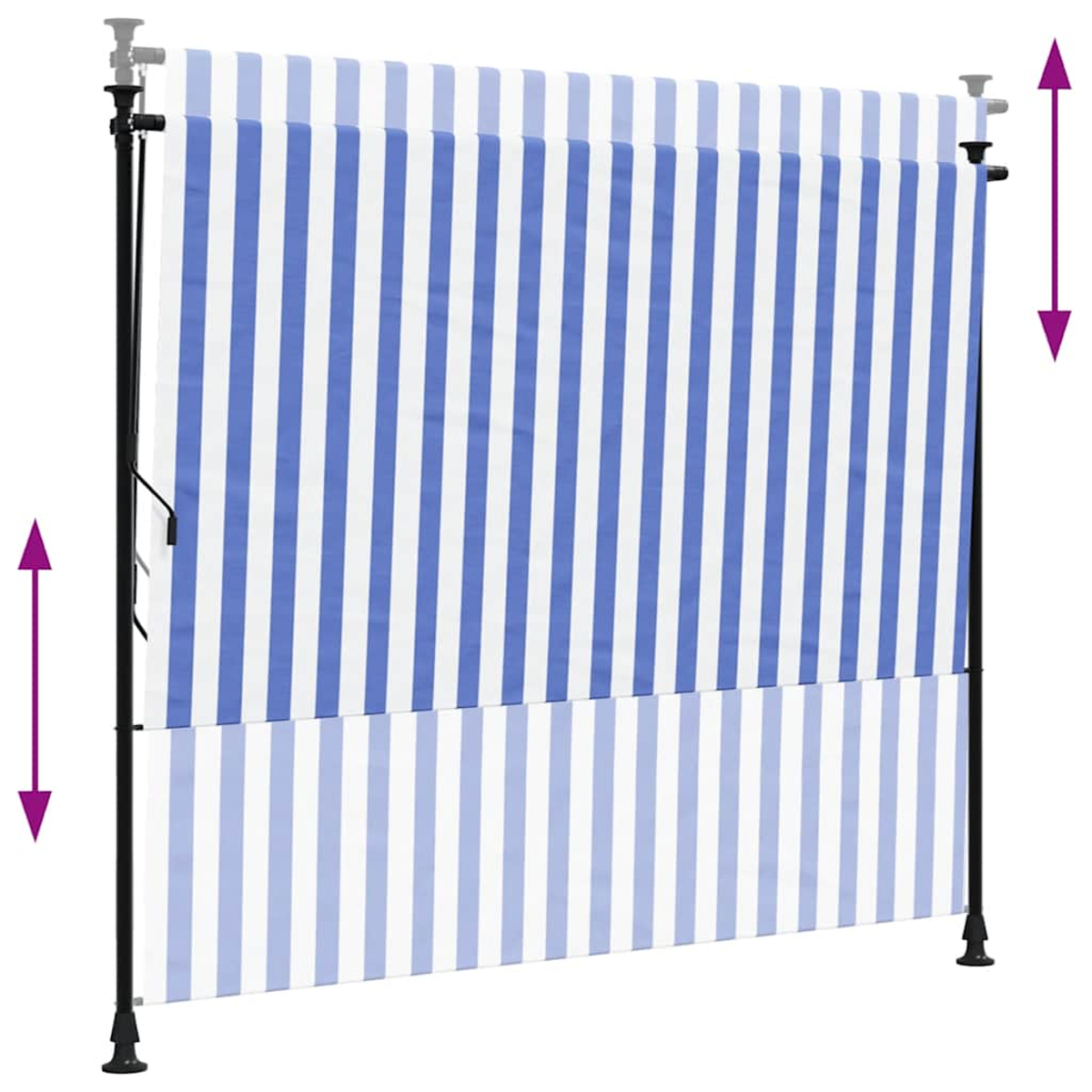 Verstellbarer Sonnenschutz. Weiß-blaue Streifen auf schwarzem Rahmen.