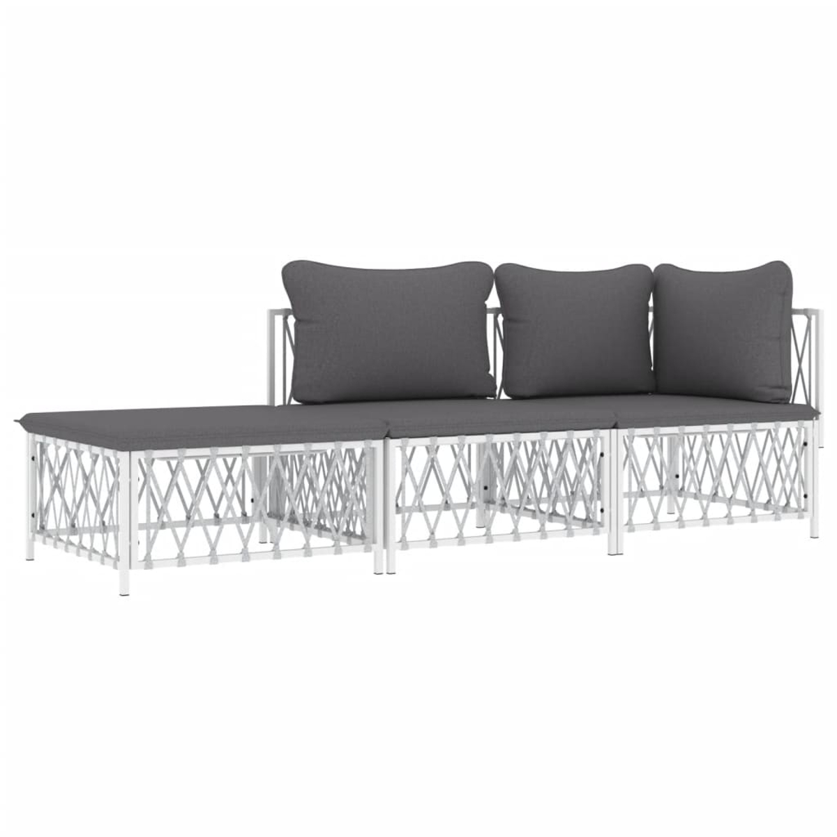 Weißes und graues Outdoor-Sofa mit drei Kissen und einer Chaiselongue.