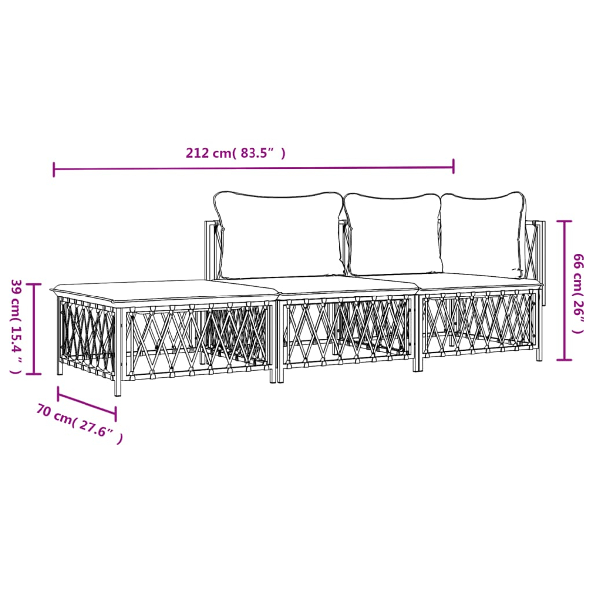 Strichzeichnung eines Sofas. Maße sind enthalten, Länge und Höhe.
