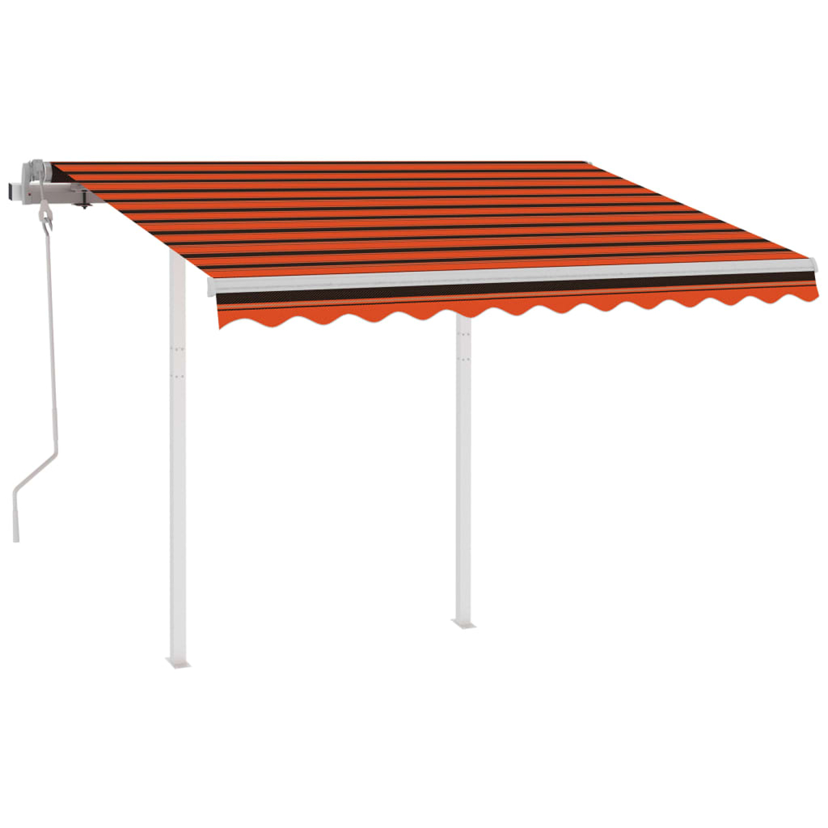 Orange und schwarz gestreifte Markise mit weißem Rahmen und Stützen.