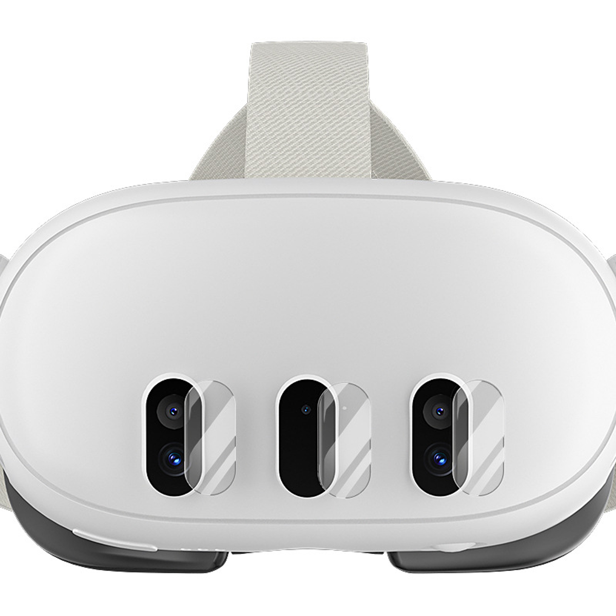 Ein weißes VR-Headset mit einem hellgrauen Riemen. Es hat drei Kameralinsen mit Schutzabdeckungen.