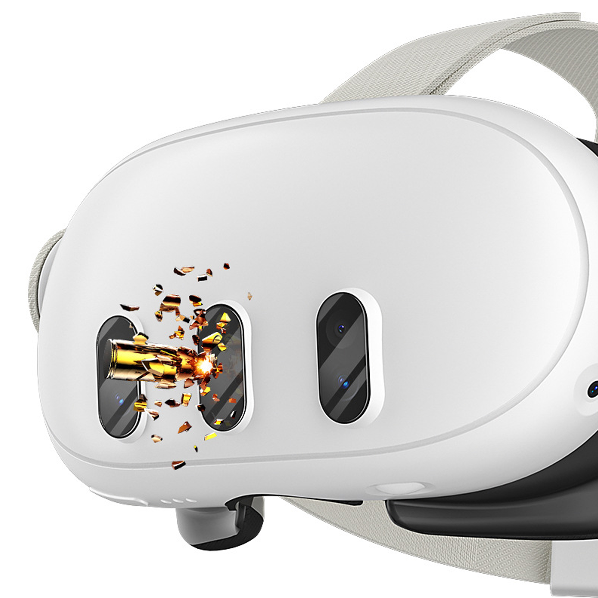 Weißes VR-Headset mit drei Linsen. Kugel feuert aus der mittleren Linse. Schwarze und graue Akzente. Klarer Hintergrund.
