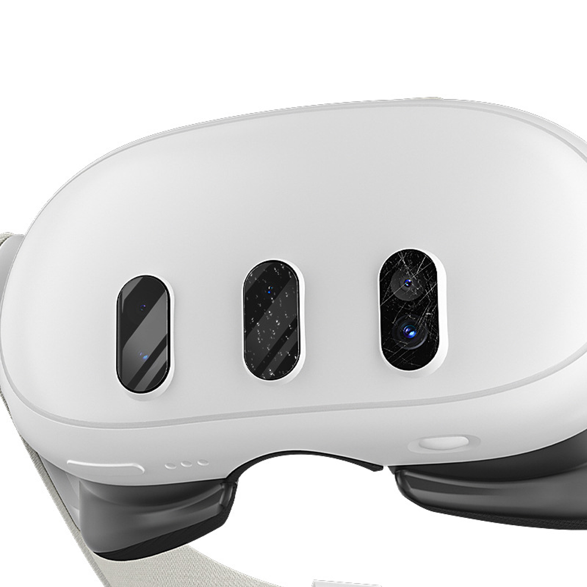 Weißes VR-Headset mit drei Linsen. Grauer Riemen. Schwarze und graue Akzente. Fokus auf die Linsen. Klarer Hintergrund.