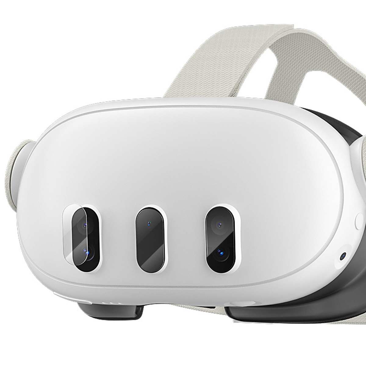 Weißes VR-Headset mit drei Linsen. Weißer Riemen. Schwarze und graue Akzente. Fokus auf die Linsen. Klarer Hintergrund.