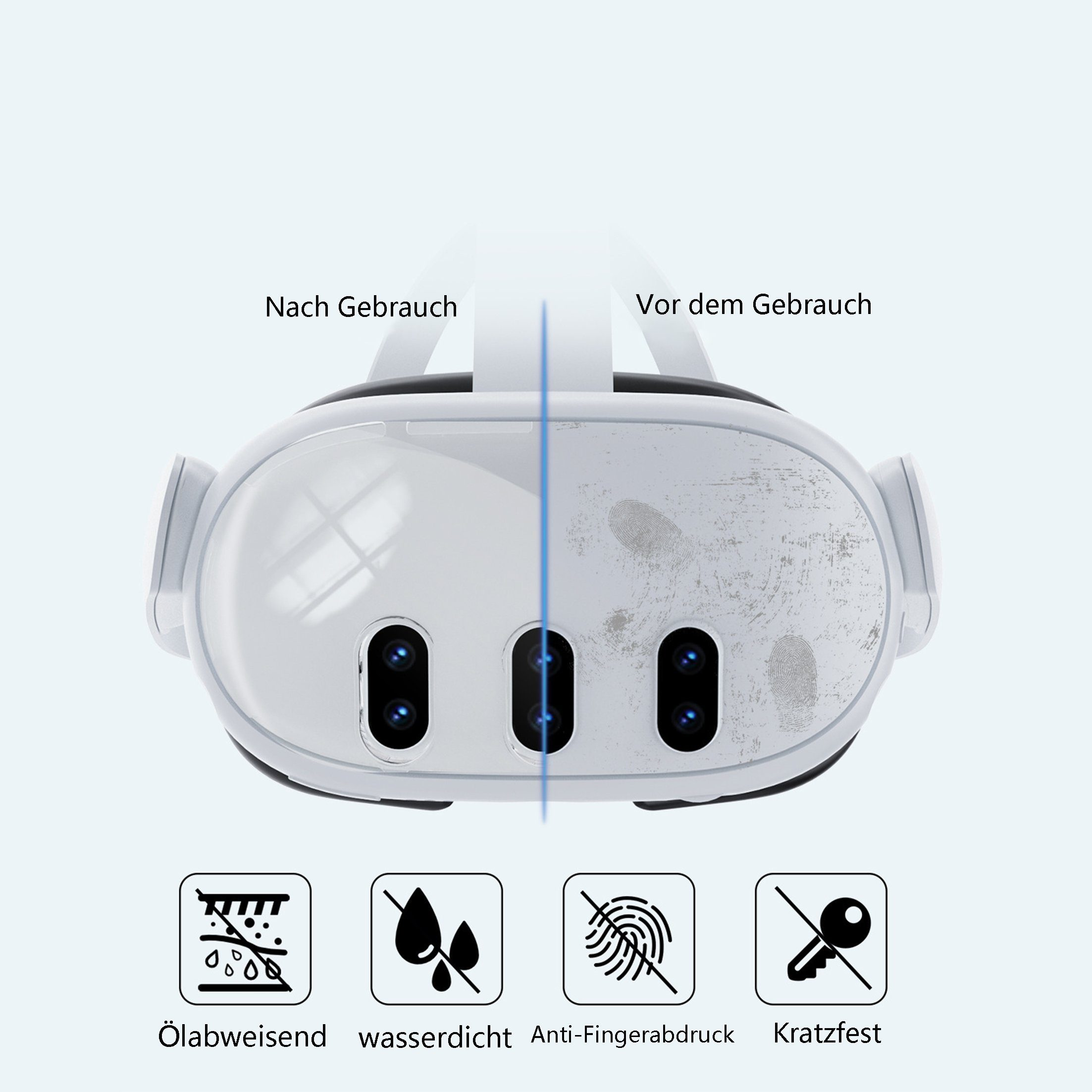 VR-Headset, vor und nach Gebrauch. Sauber vs. verschmiert. Symbole für Öl, Wasser, Fingerabdrücke und Kratzer. Blauer Hintergrund.