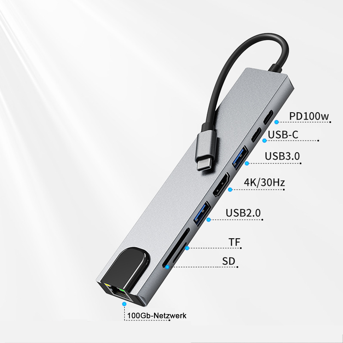 Silberner USB-Hub mit mehreren Anschlüssen: PD100W, USB-C, USB3.0, 4K/30Hz, USB2.0, TF, SD und 100Gb-Netzwerk.