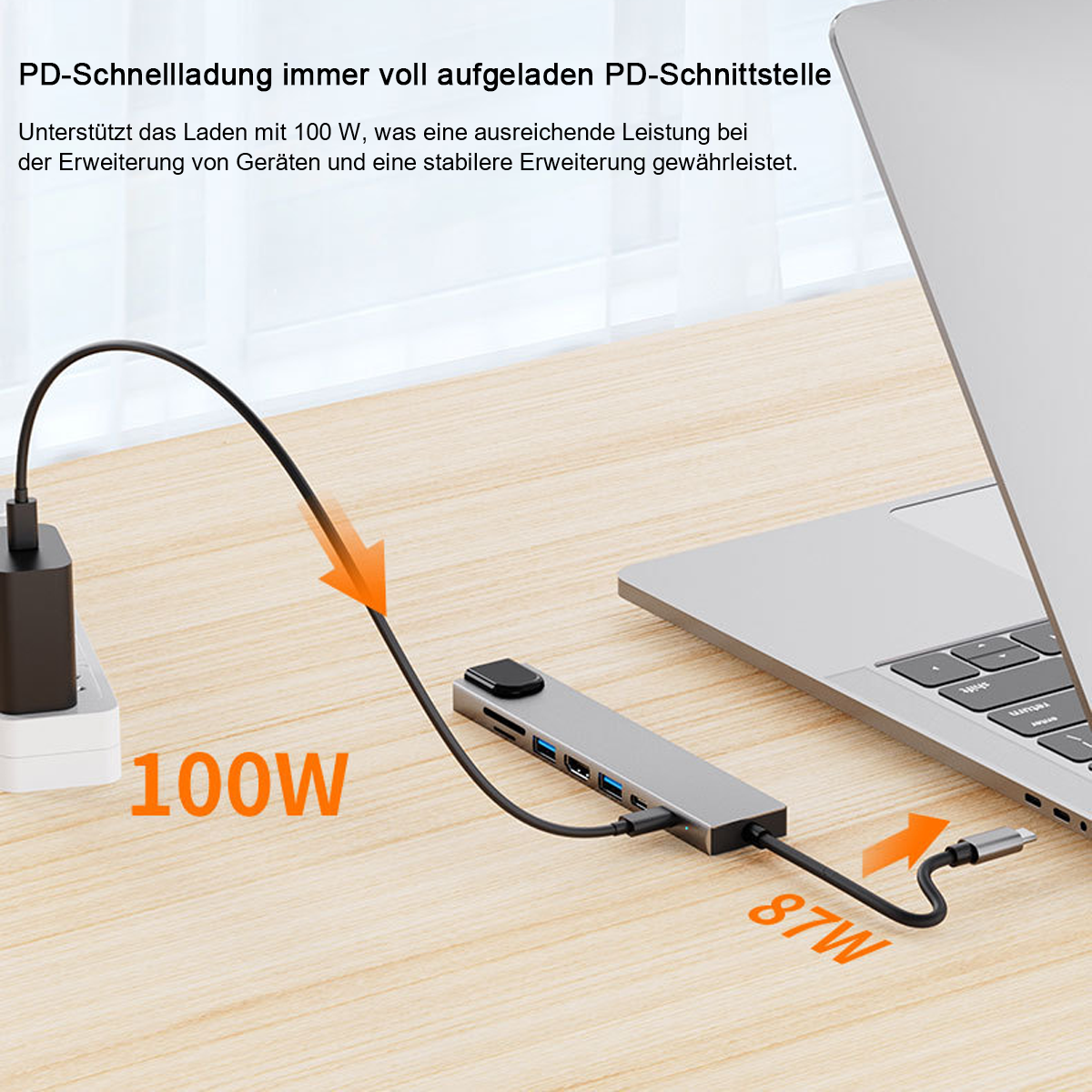 USB-Hub, an Laptop, Netzteil und Steckdose auf Holzschreibtisch angeschlossen; 100W und 87W Indikatoren sichtbar.