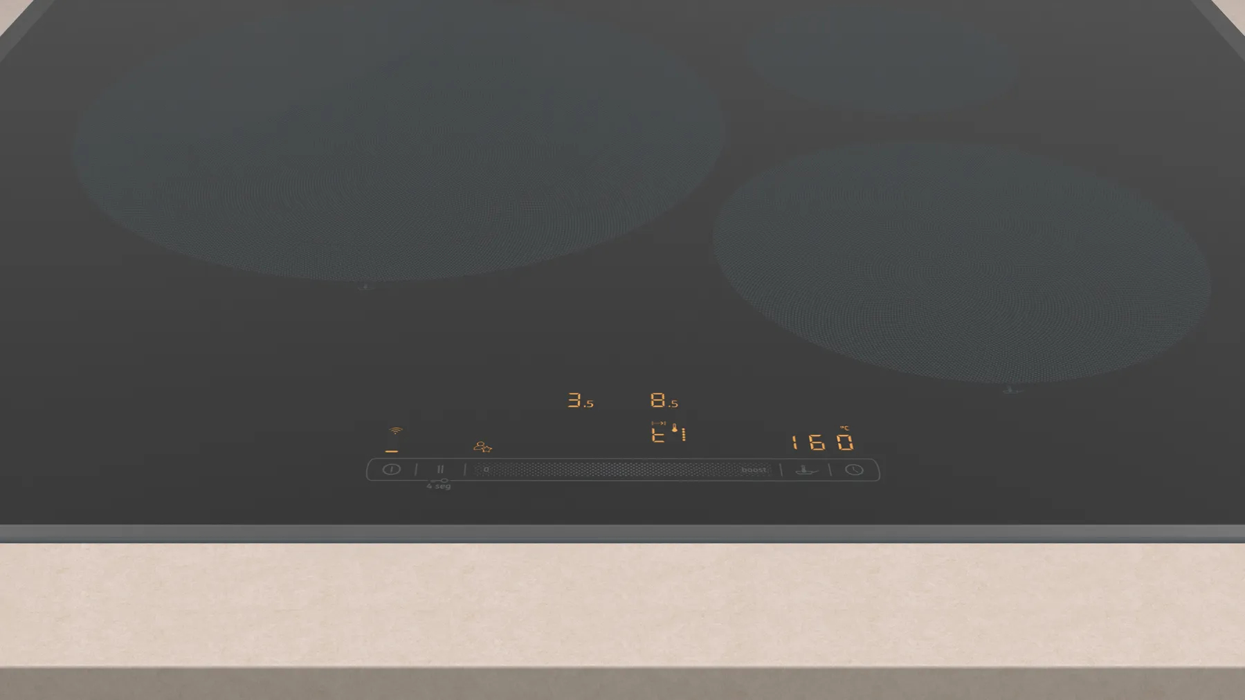 Płyta grzewcza z dwiema strefami grzewczymi. Wyświetlacz cyfrowy pokazuje liczby i symbole.