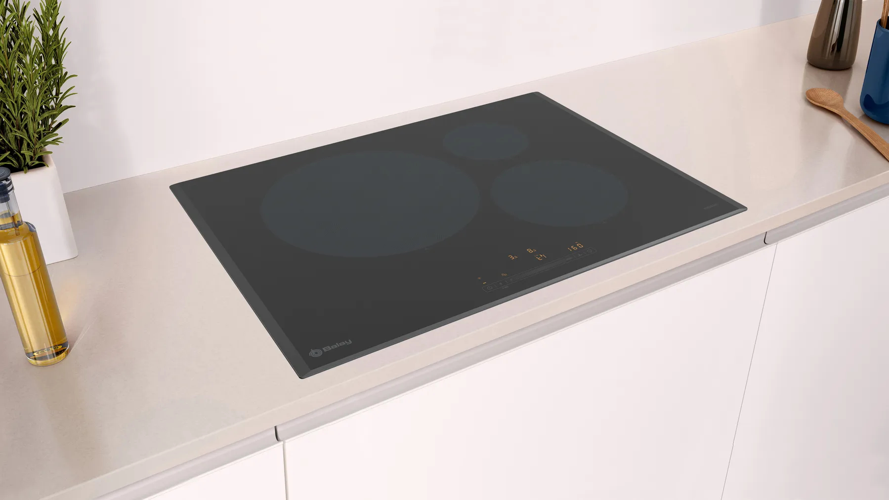 Czarna płyta grzewcza z trzema strefami grzewczymi, na białym blacie, scena kuchenna.