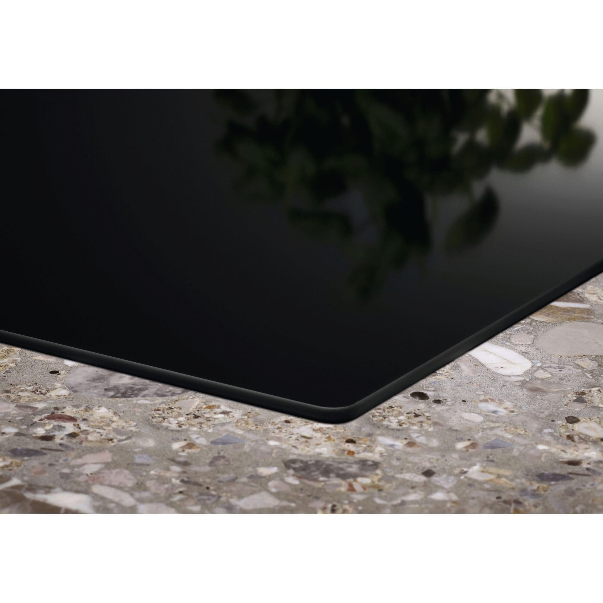 Czarna płyta na granitowej powierzchni. Zielone liście odbijają się.