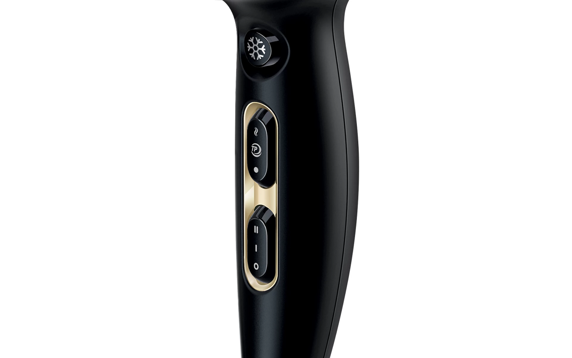 Czarny uchwyt suszarki do włosów ze złotymi akcentami. Przyciski: płatek śniegu, ciepło i prędkość. Białe tło.