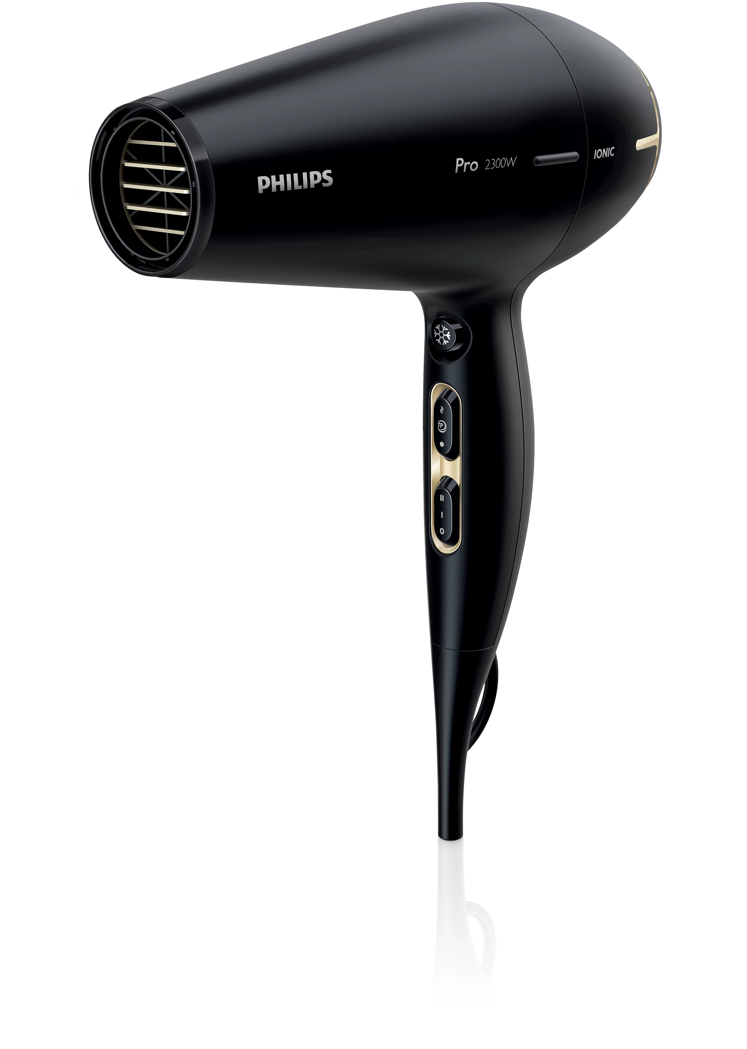 Czarna suszarka do włosów Philips ze złotymi akcentami. Posiada przyciski, otwory wentylacyjne i napis 'IONIC'. Na białym tle.