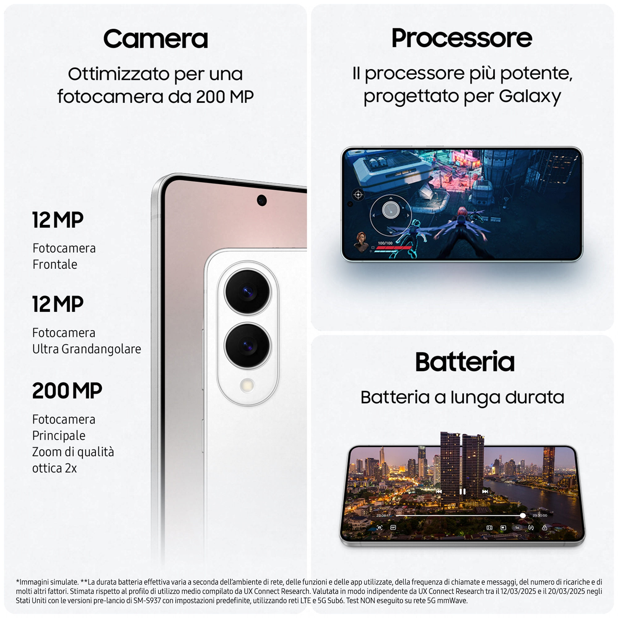 Telefon Samsung z informacjami o aparacie, procesorze i baterii na ekranie. Białe tło.