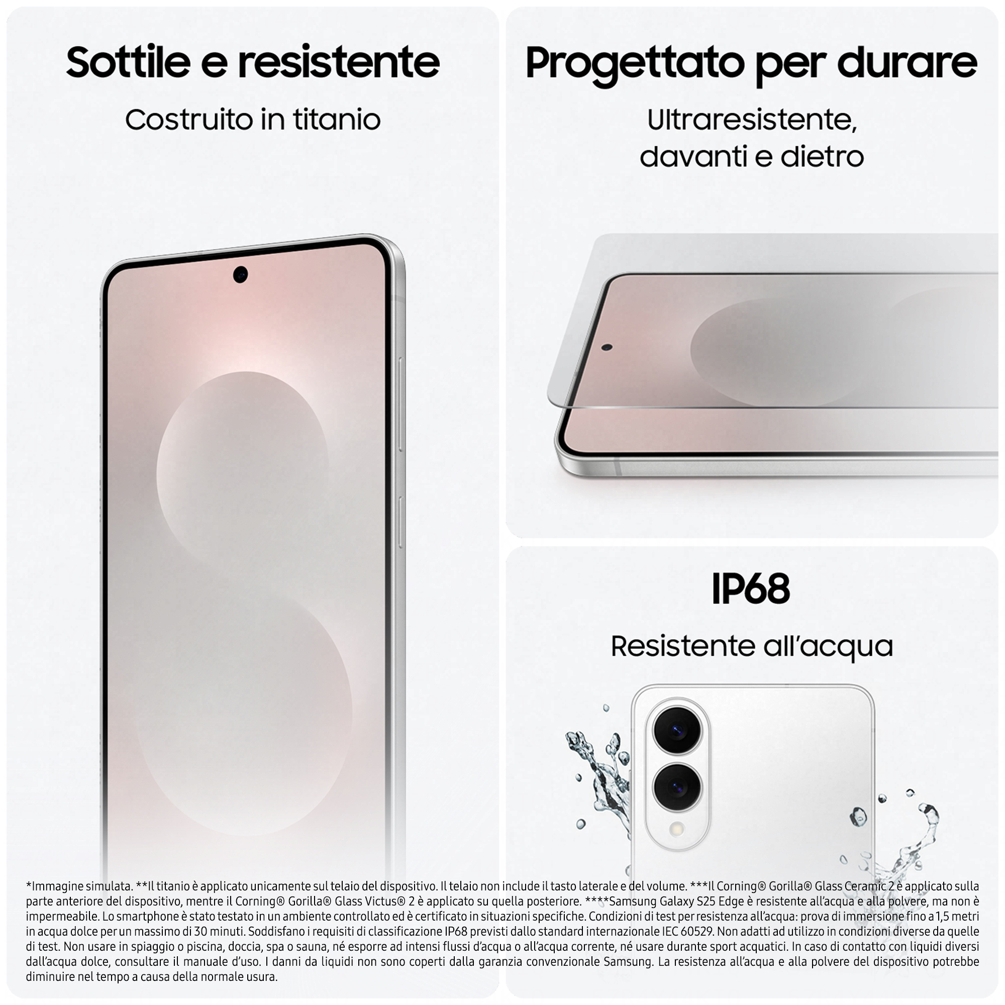 Telefon Samsung Galaxy S25 Edge, pokazujący tytanową konstrukcję i odporność na wodę. Białe tło.