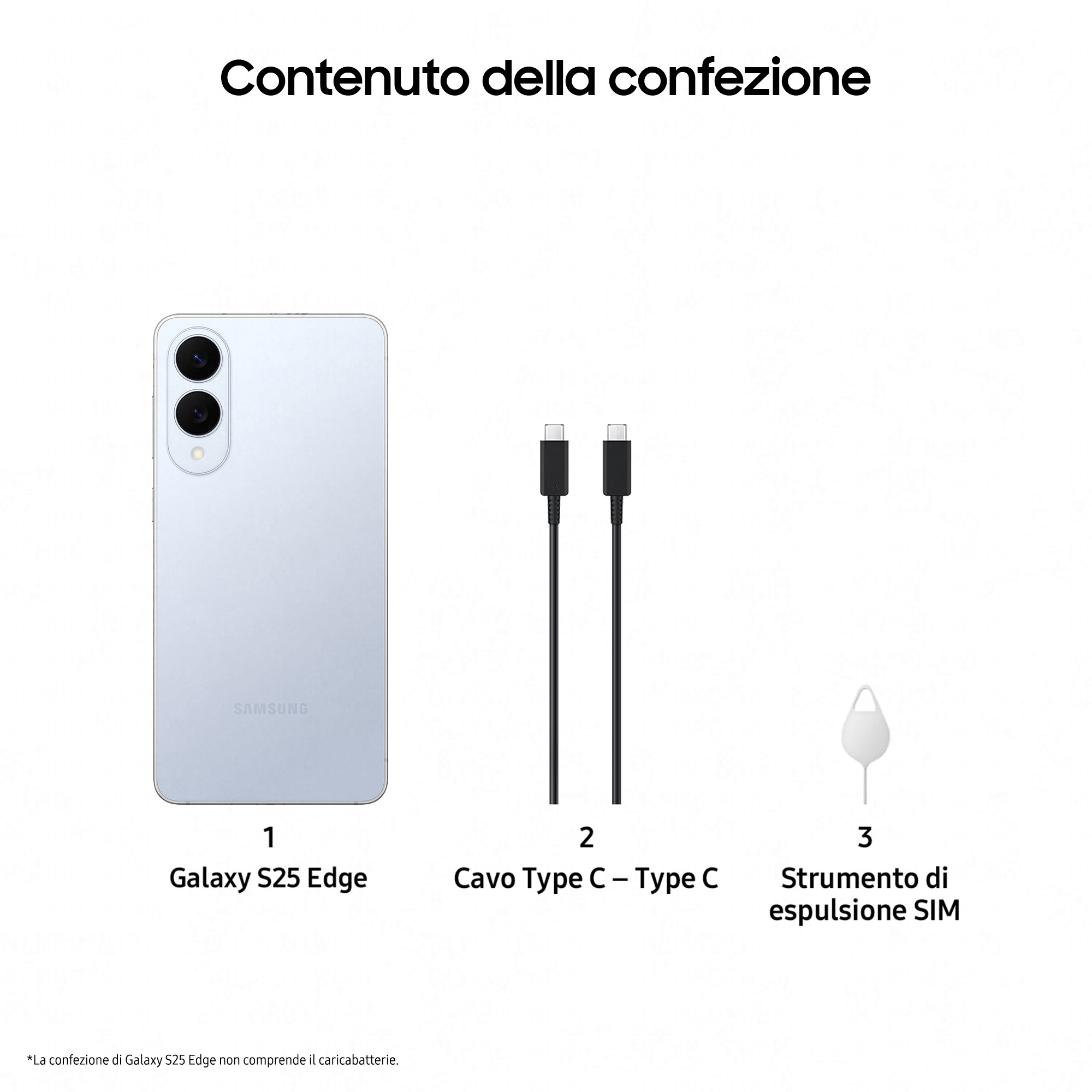 Telefon Samsung Galaxy S25 Edge, kabel USB i narzędzie do wysuwania karty SIM. Białe tło.