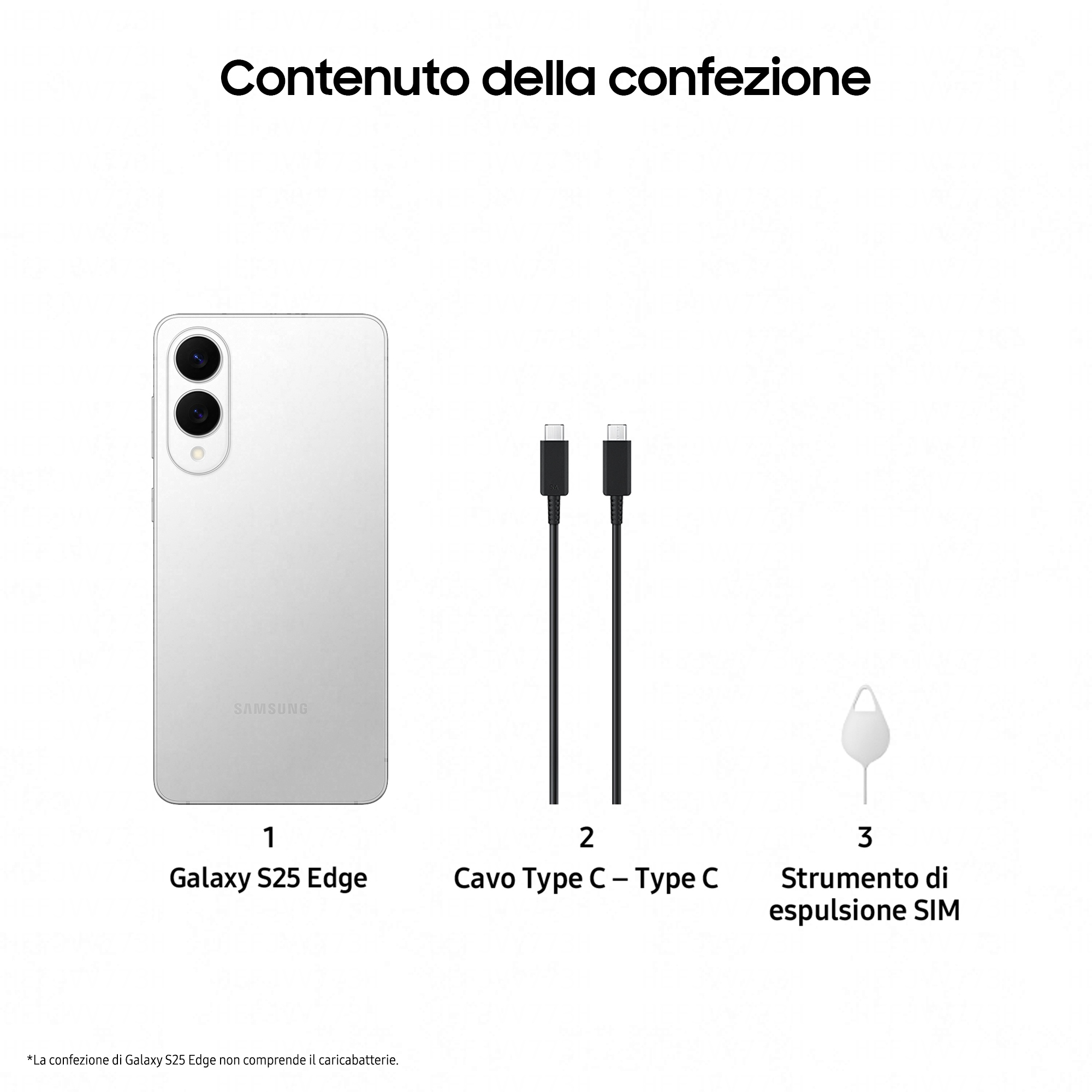 Zawartość pudełka: Galaxy S25 Edge, kabel typu C i narzędzie do wysuwania karty SIM, na białym tle.