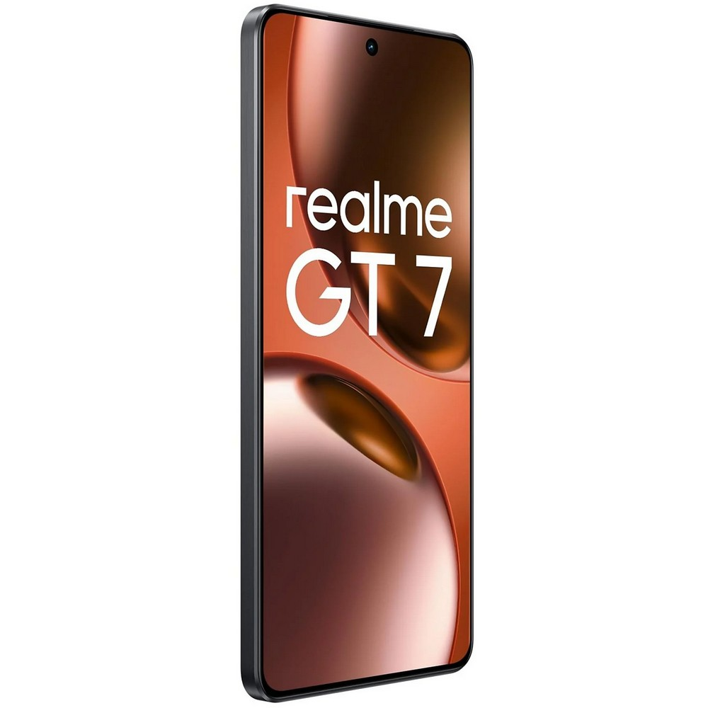 Czarny telefon Realme GT7 pod kątem, pomarańczowo-złote tło gradientowe.
