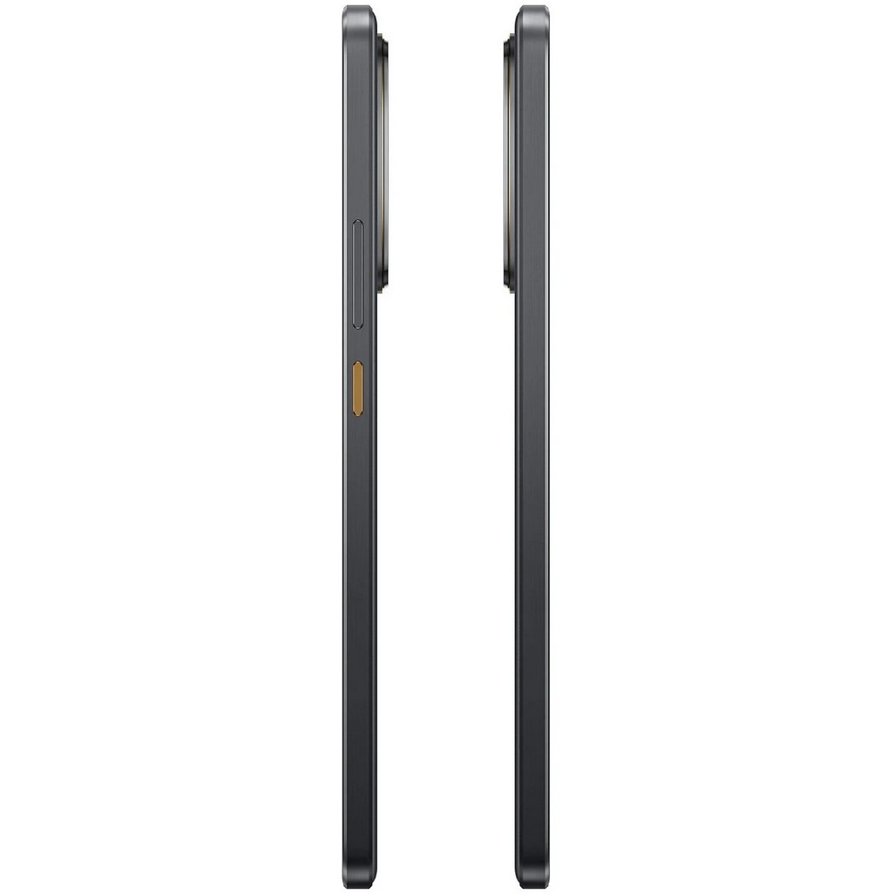 Widok z boku telefonu Realme GT 7. Czarny z pomarańczowymi akcentami. Białe tło.