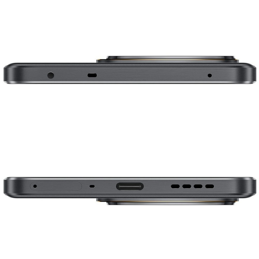 Telefon Realme GT 7, widok z góry i z dołu. Czarny. Białe tło.