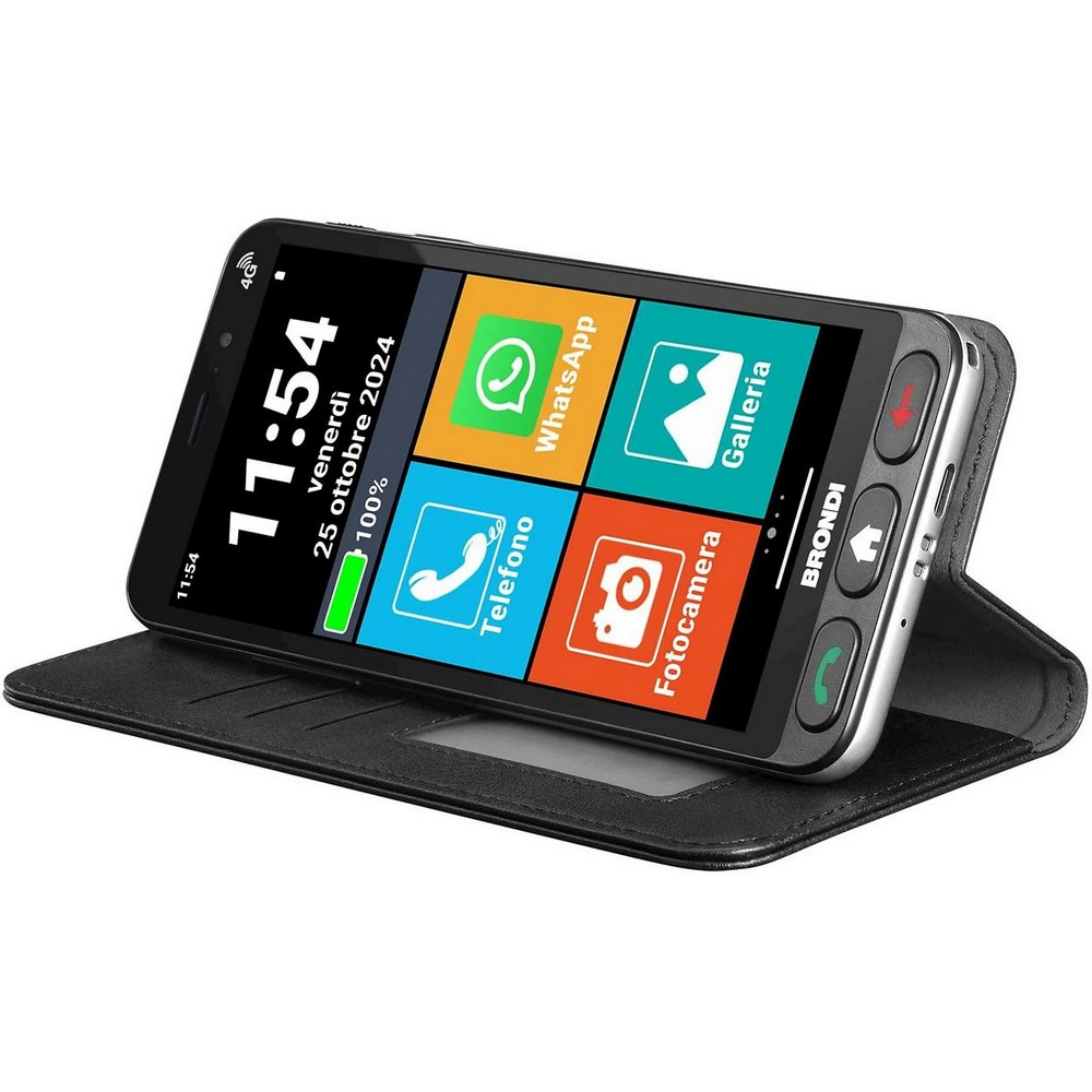 Un telefono con un ampio display, con una custodia nera, con l'ora e la data sullo schermo.