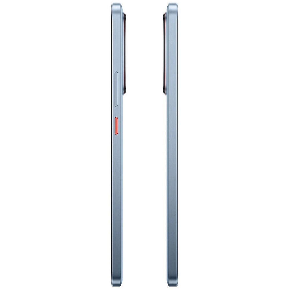 Dwa widoki z boku jasnoniebieskiego smartfona, pokazujące boczne przyciski i czerwony akcent.