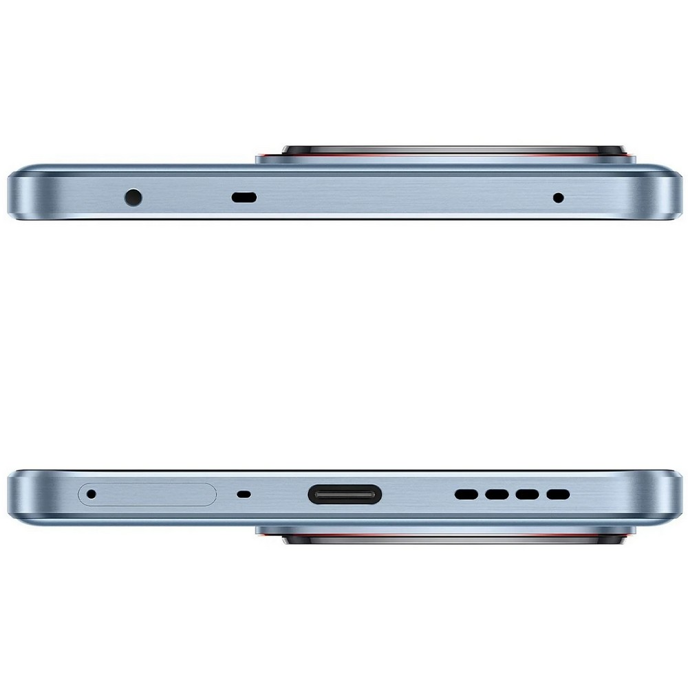 Smartfon z boku, pokazujący górną i dolną krawędź. Niebieska ramka z czerwonymi akcentami.