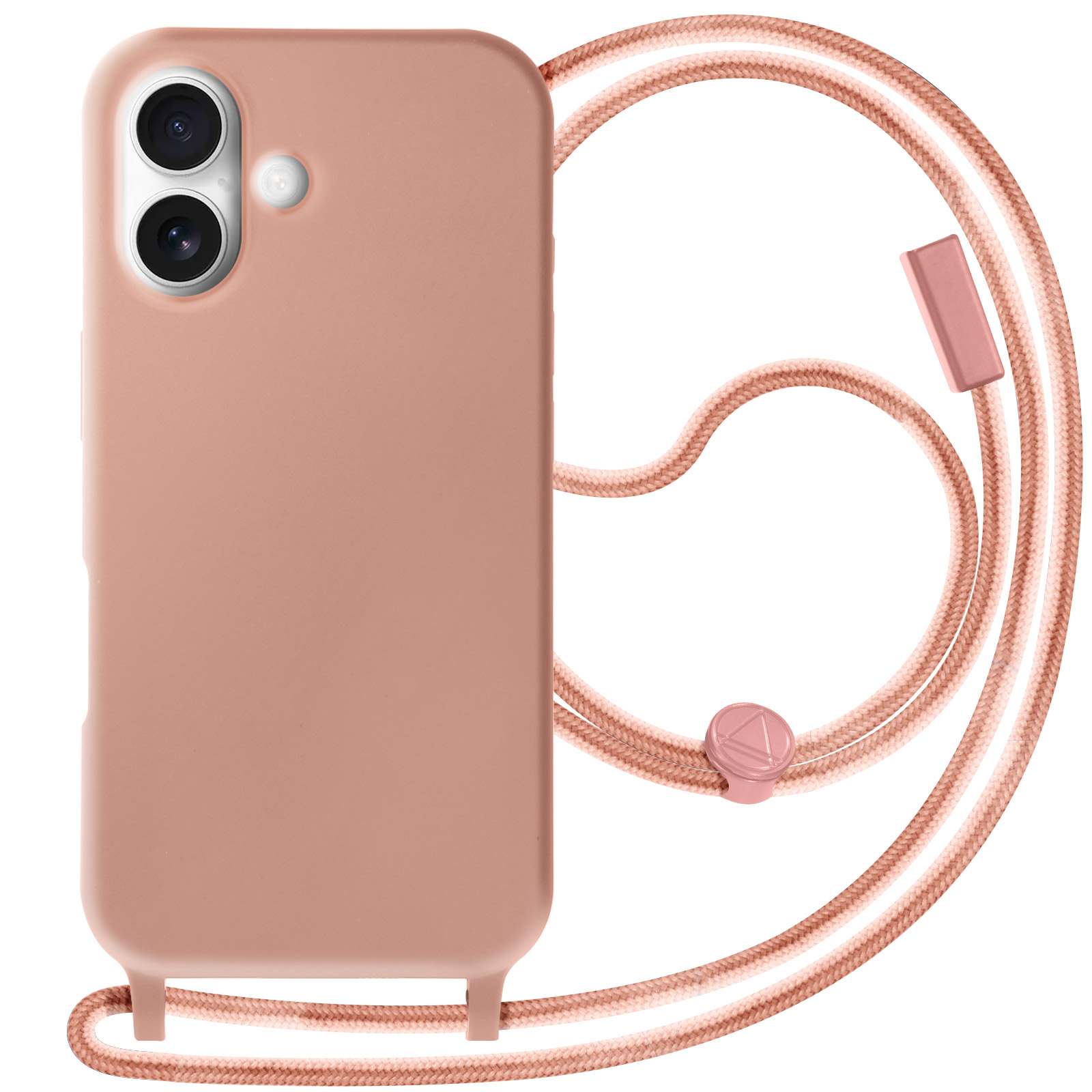 Custodia per telefono rosa con un cordino rosa. Il telefono ha due fotocamere.