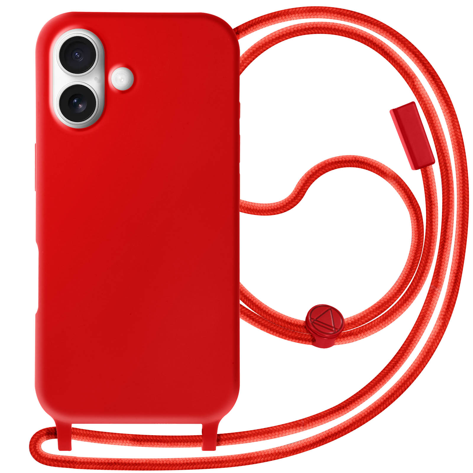 Custodia per telefono rossa con un cordino rosso. Il telefono ha due fotocamere.