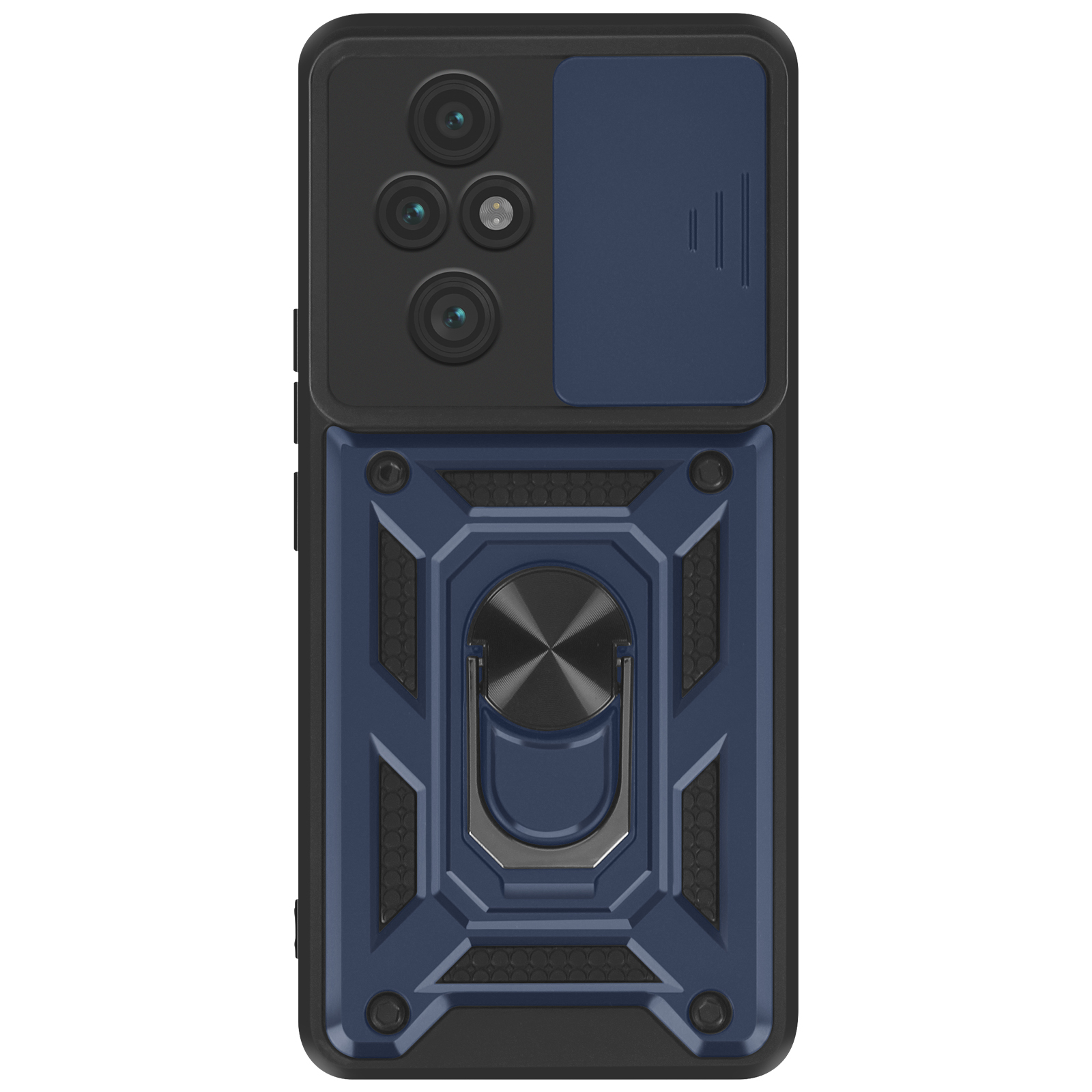 Custodia per telefono blu e nera con supporto ad anello e copertura per fotocamera. La custodia ha un design geometrico.