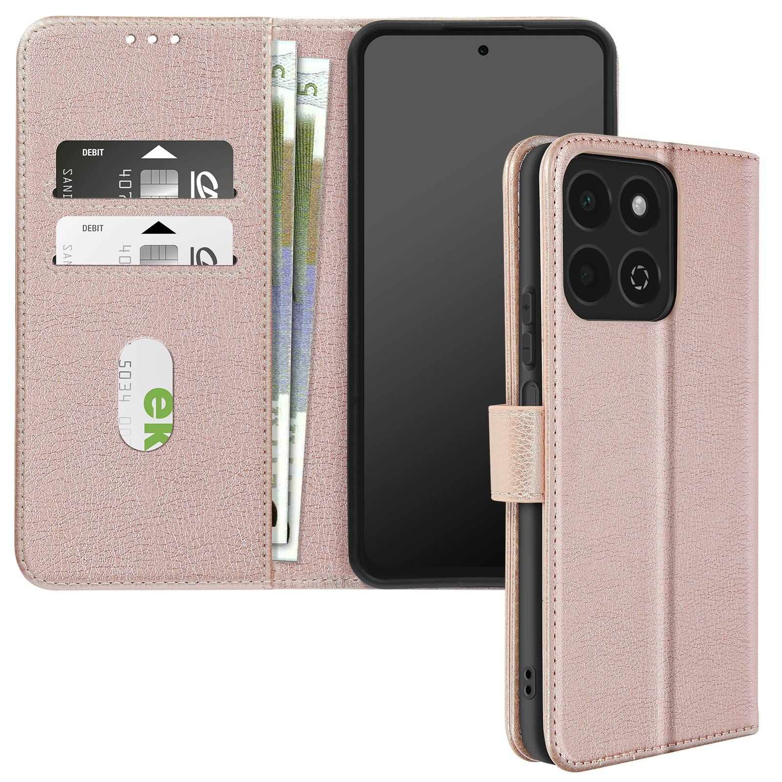 Custodia per telefono rosa con design a portafoglio. Mostra fessure per carte e contanti.