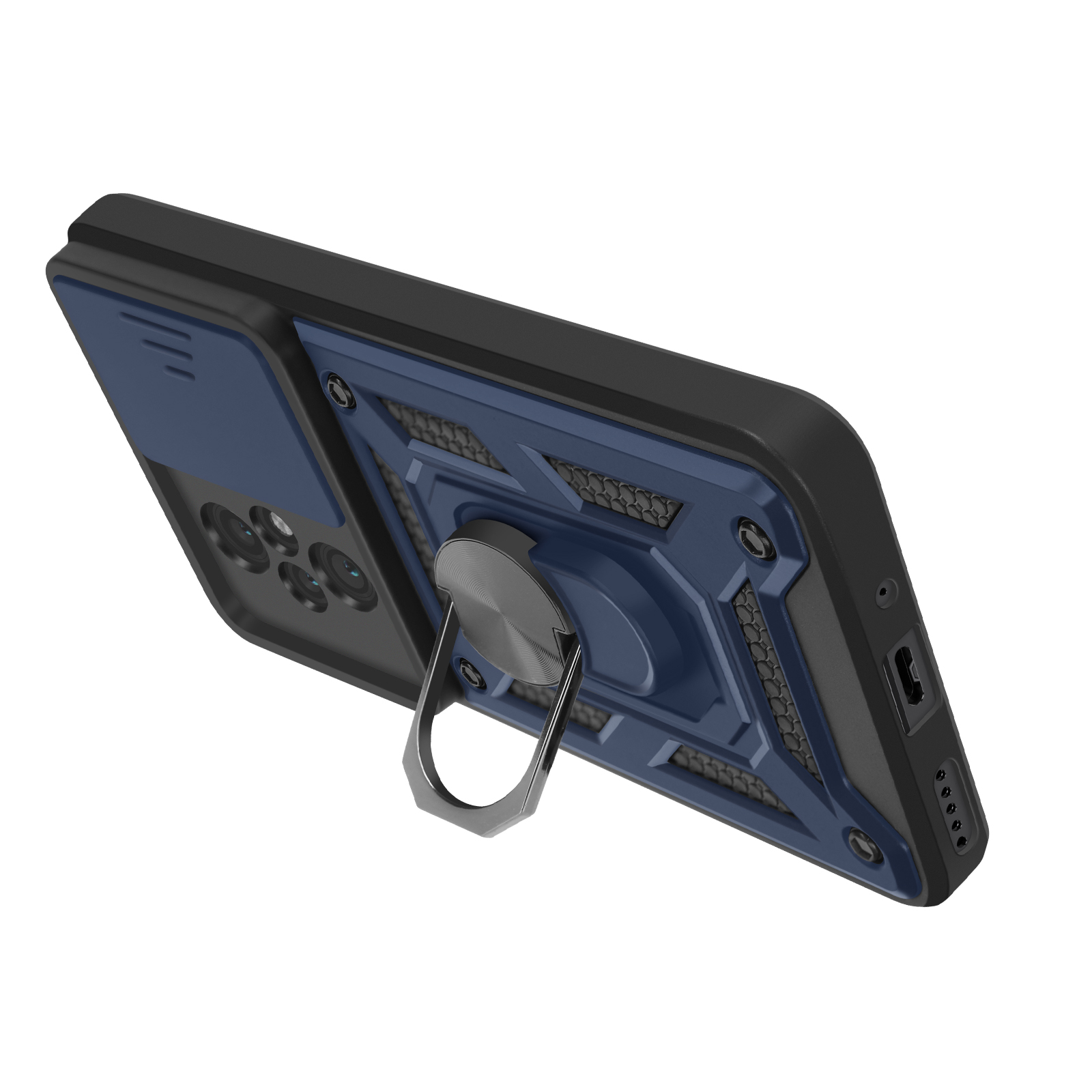 Custodia blu e nera con anello, cursore per fotocamera e porta.