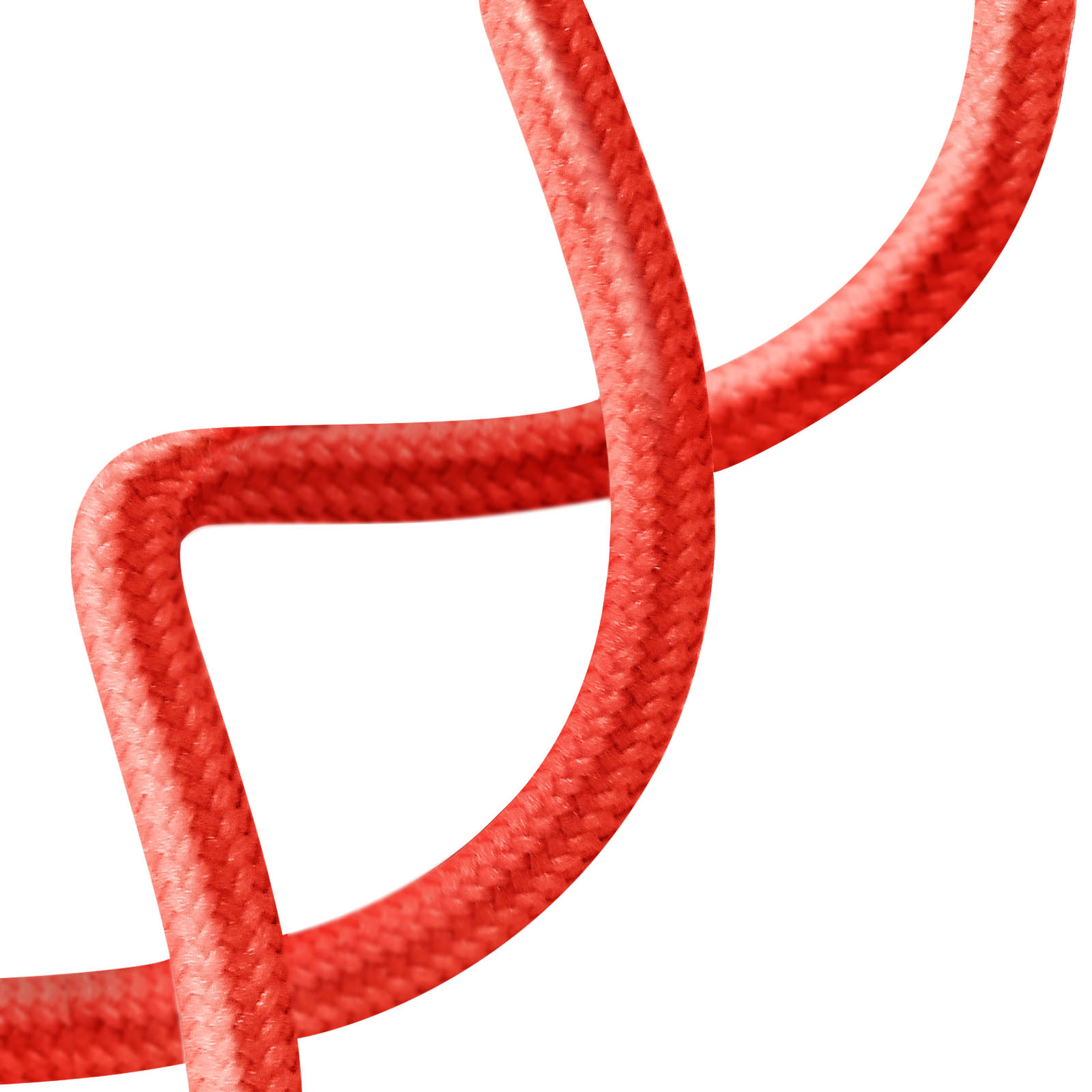 Cavo rosso intrecciato, con sfondo bianco, curvato a forma arrotondata.