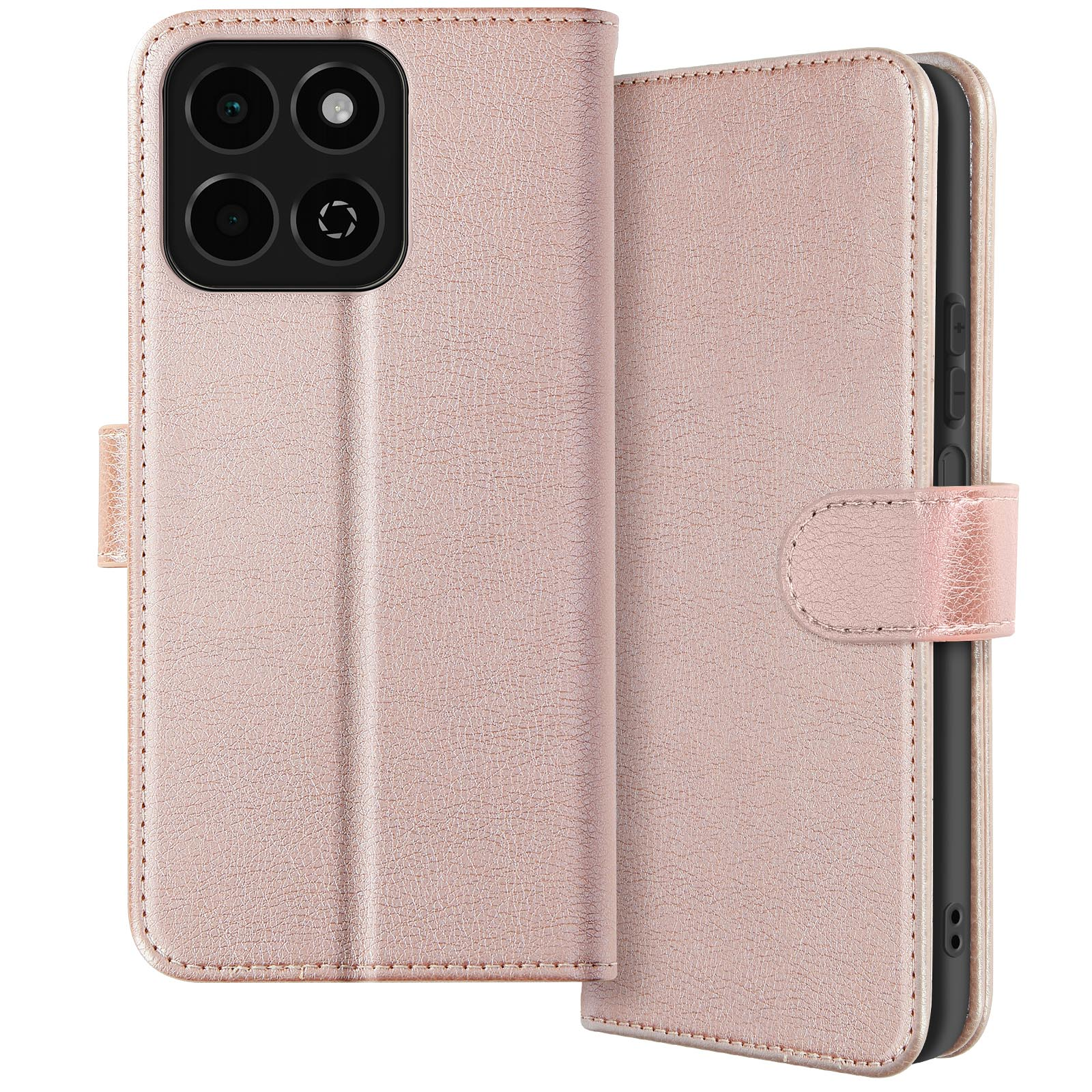Custodia per telefono rosa, stile portafoglio, chiusa. Mostra le fotocamere del telefono.