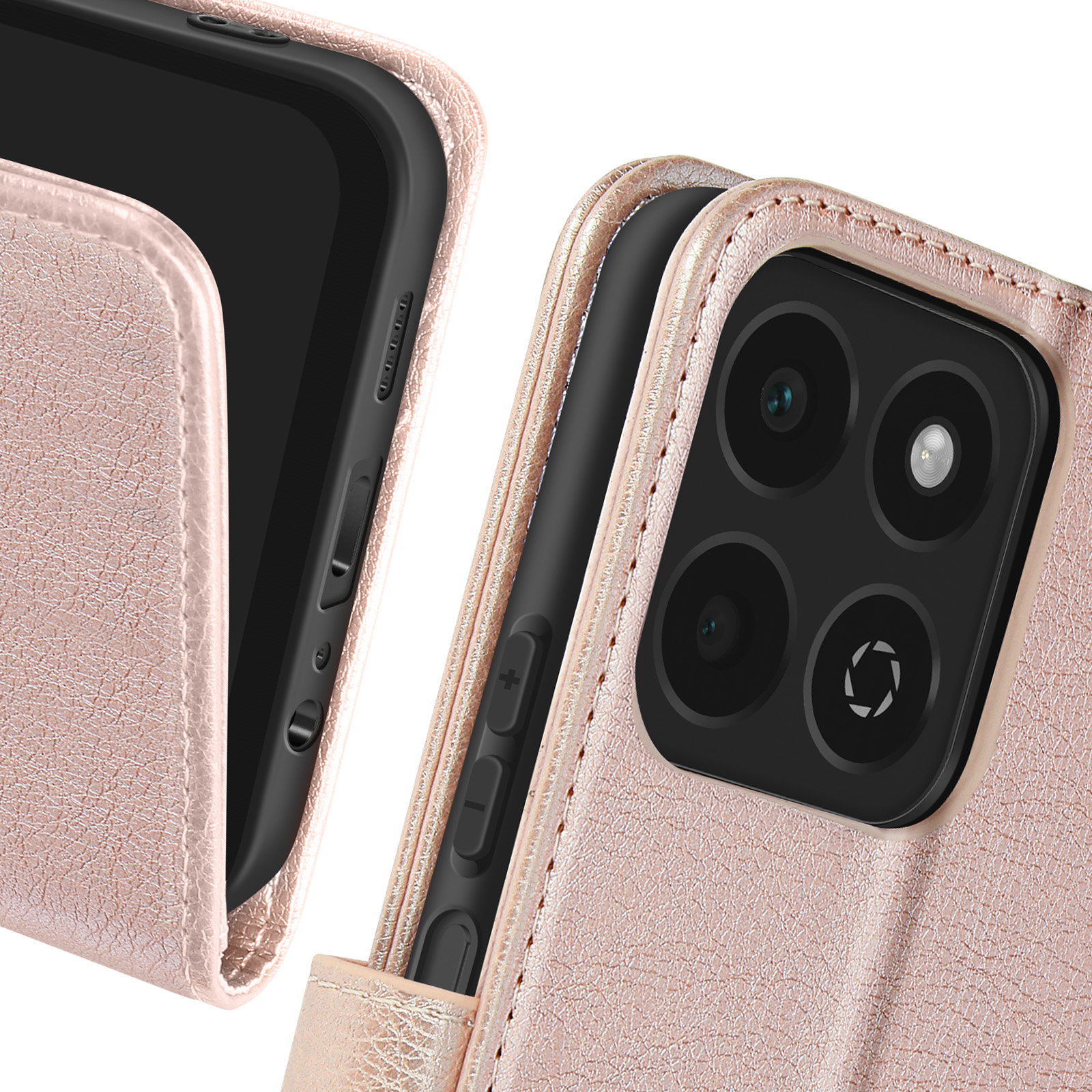 Custodia rosa per telefono con telefono dentro, mostra i pulsanti e la fotocamera.
