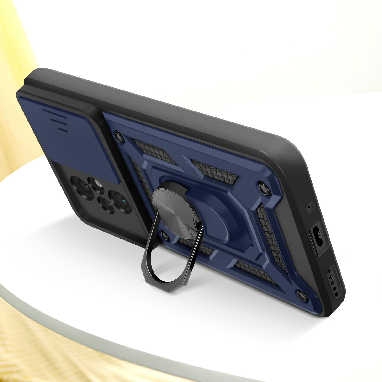 Custodia per telefono con anello, blu e nera, su una superficie bianca.