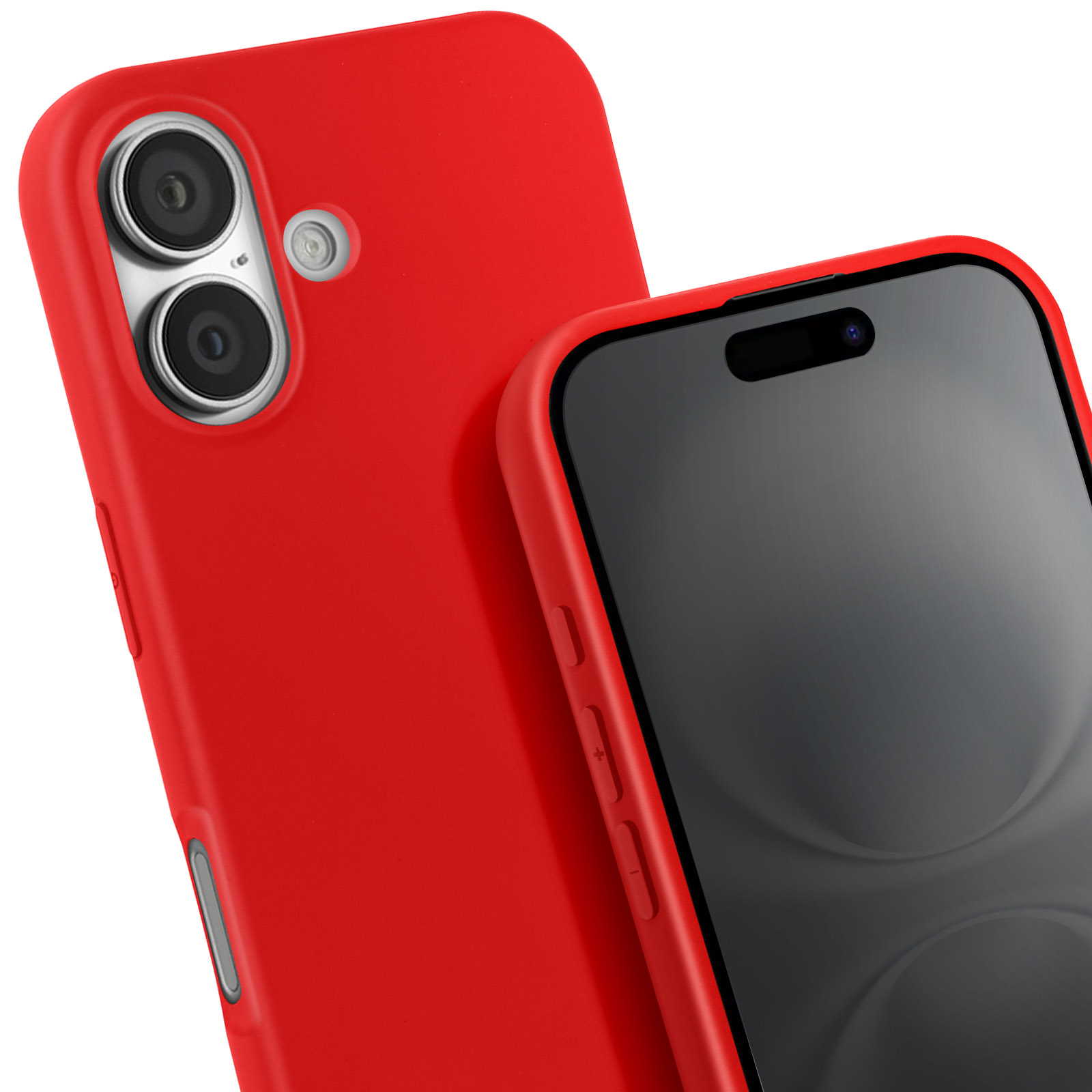 Custodia rossa per telefono con due fotocamere, una sul retro e una sul fronte.