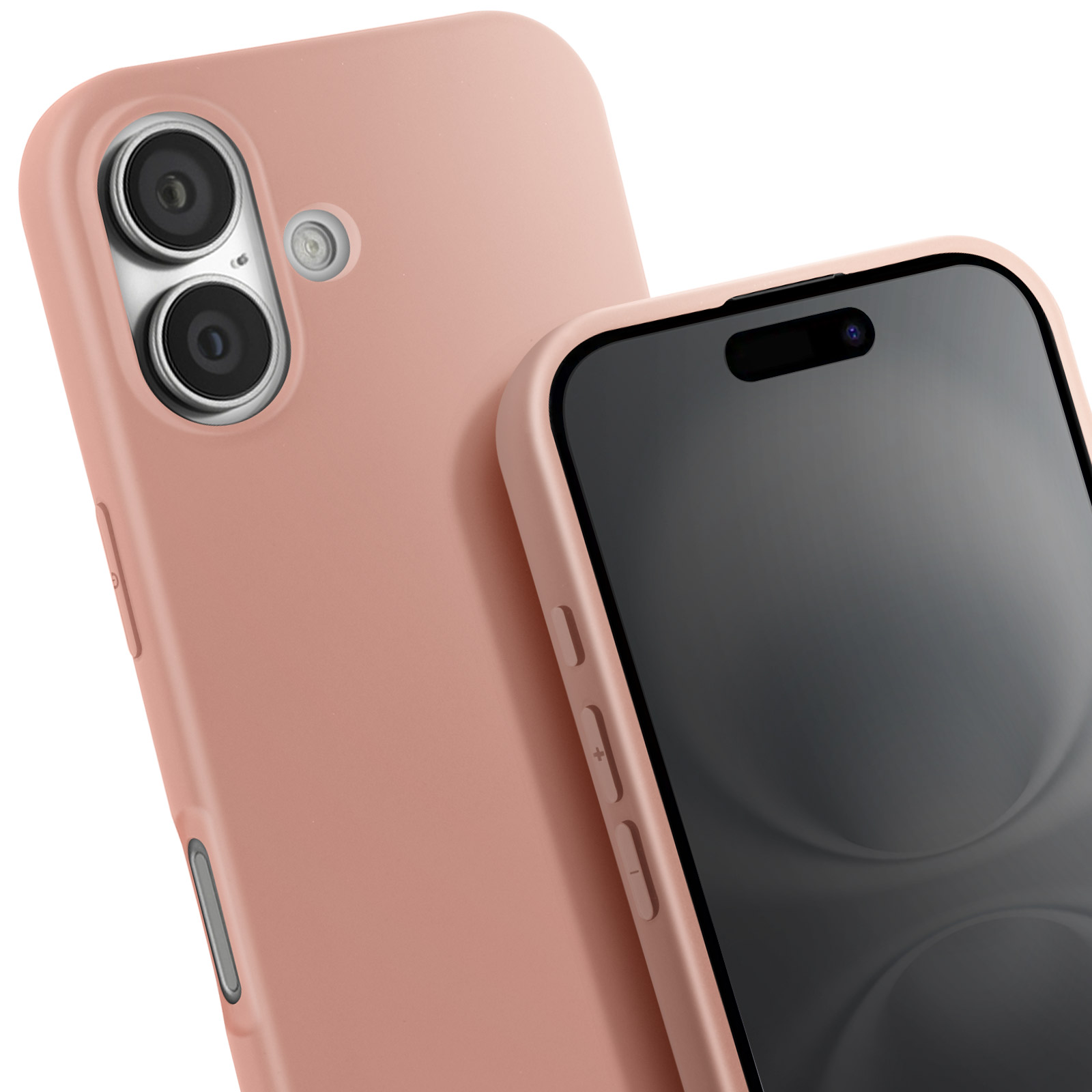 Custodie per telefono rosa, una con schermo, l'altra che mostra retro e fotocamera.