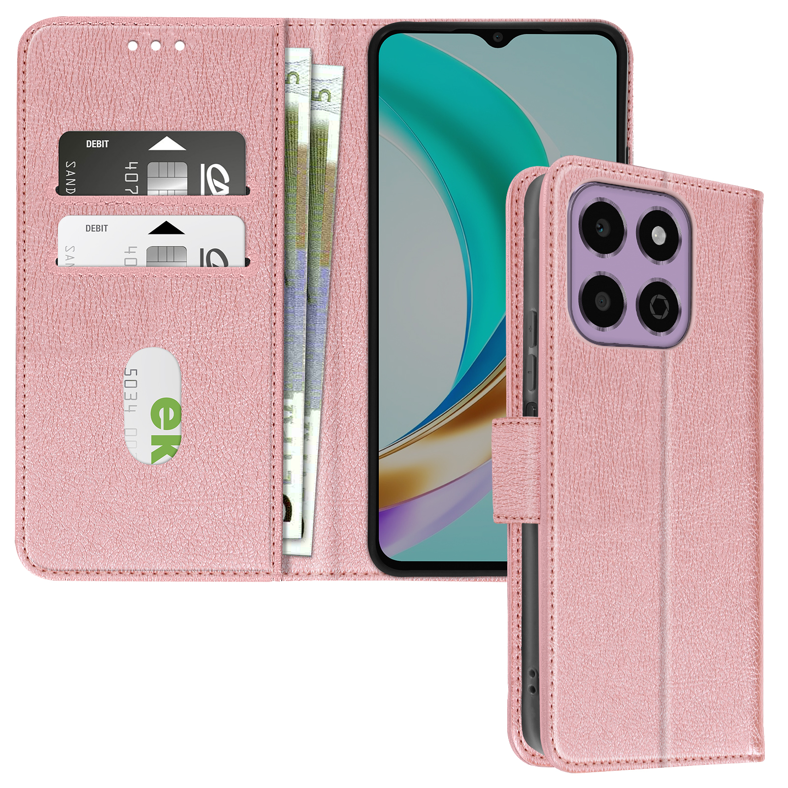 Portafoglio rosa aperto, con telefono, carte e denaro visibili.