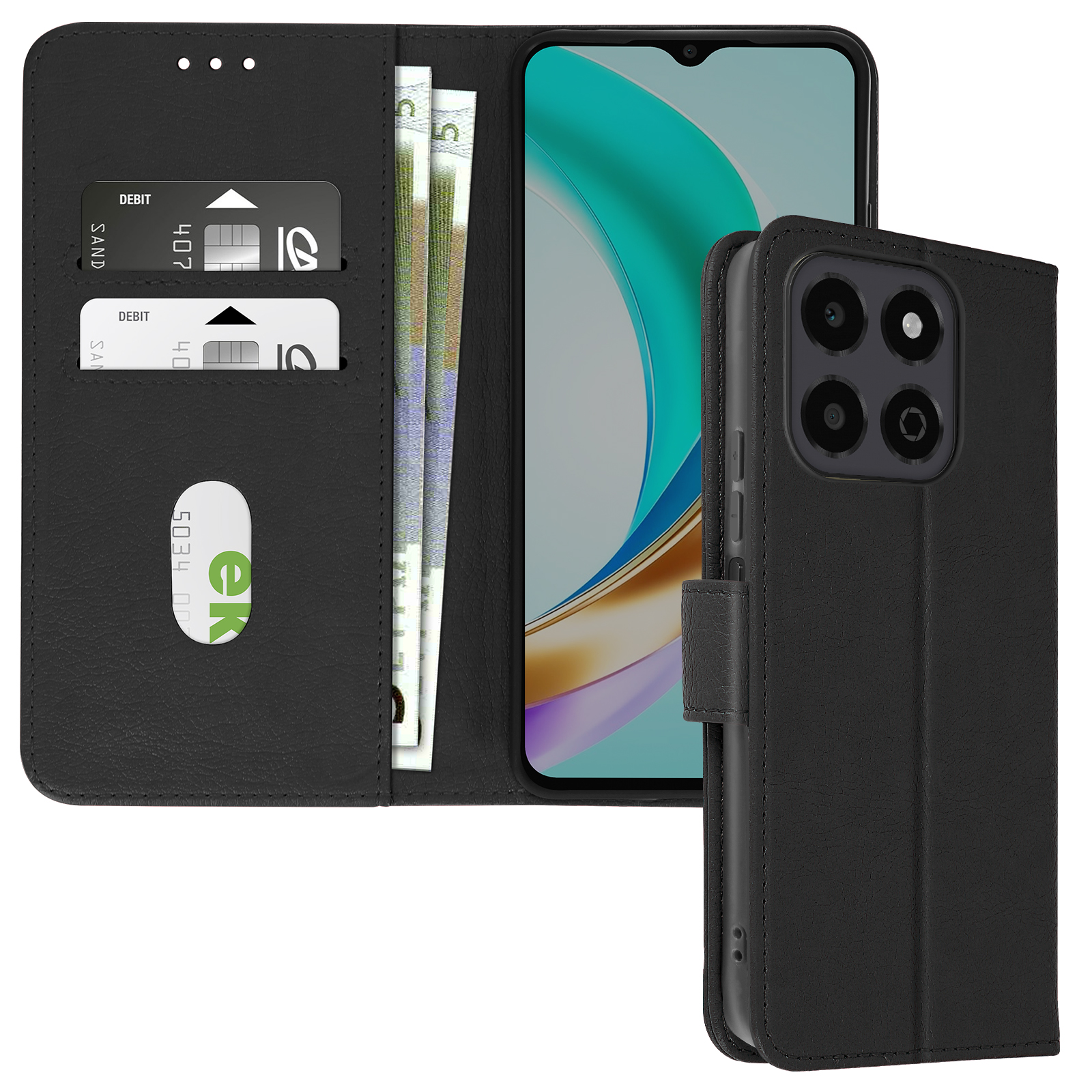 Portafoglio nero aperto, con telefono, carte e denaro visibili.