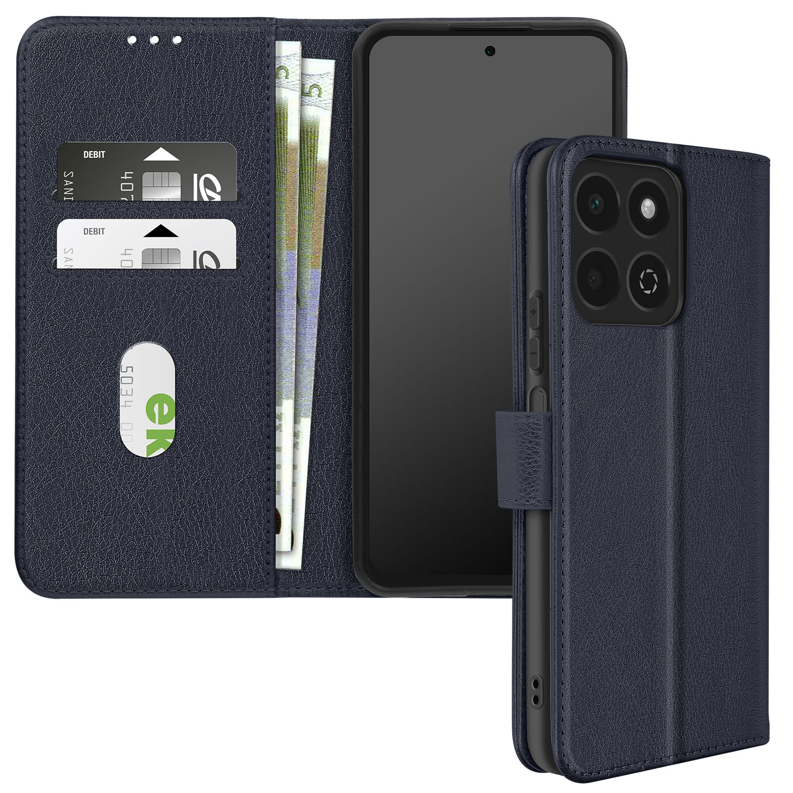 Portafoglio blu aperto, con telefono, carte e denaro visibili.