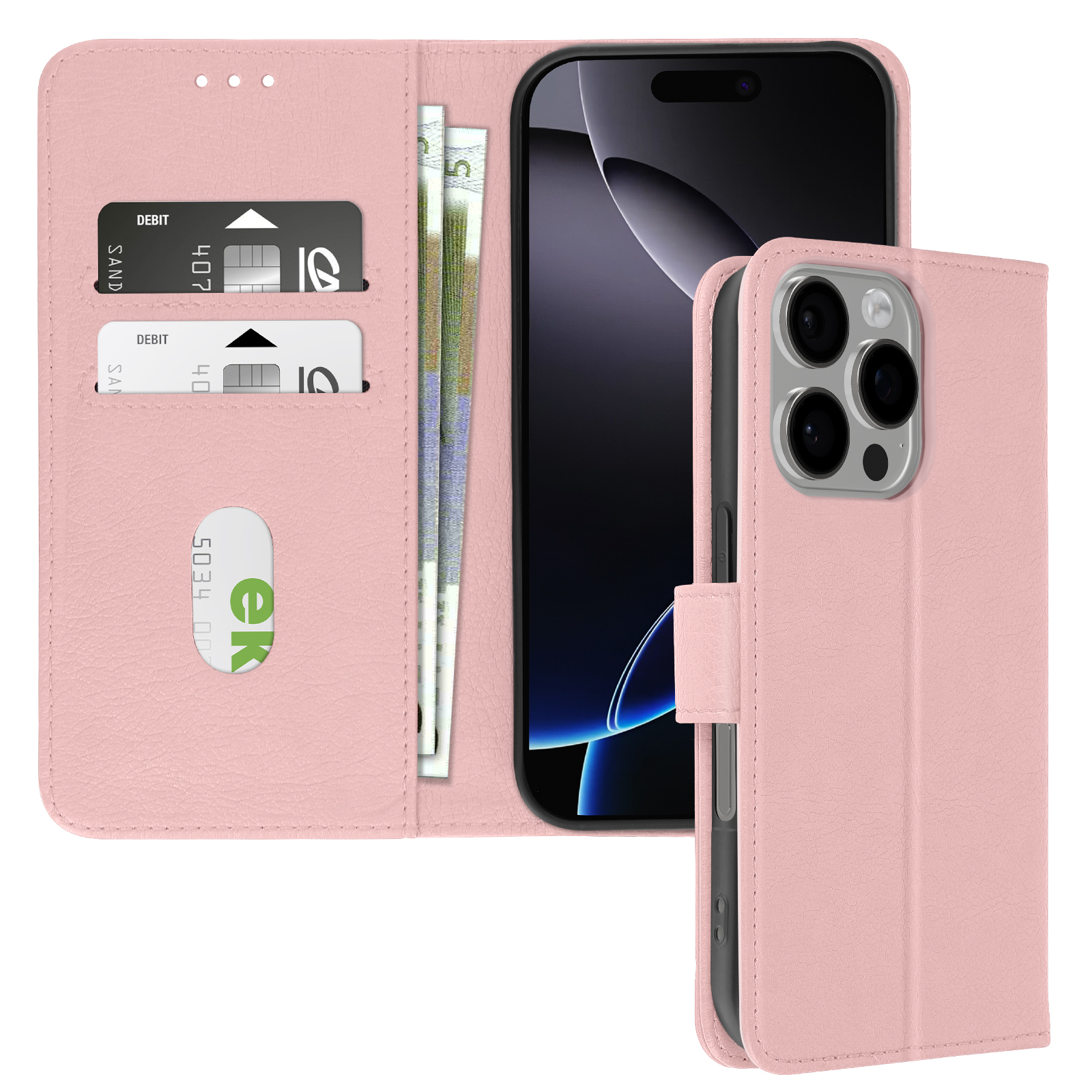 Custodia a portafoglio rosa con carte di credito e contanti. C'è un telefono dentro.