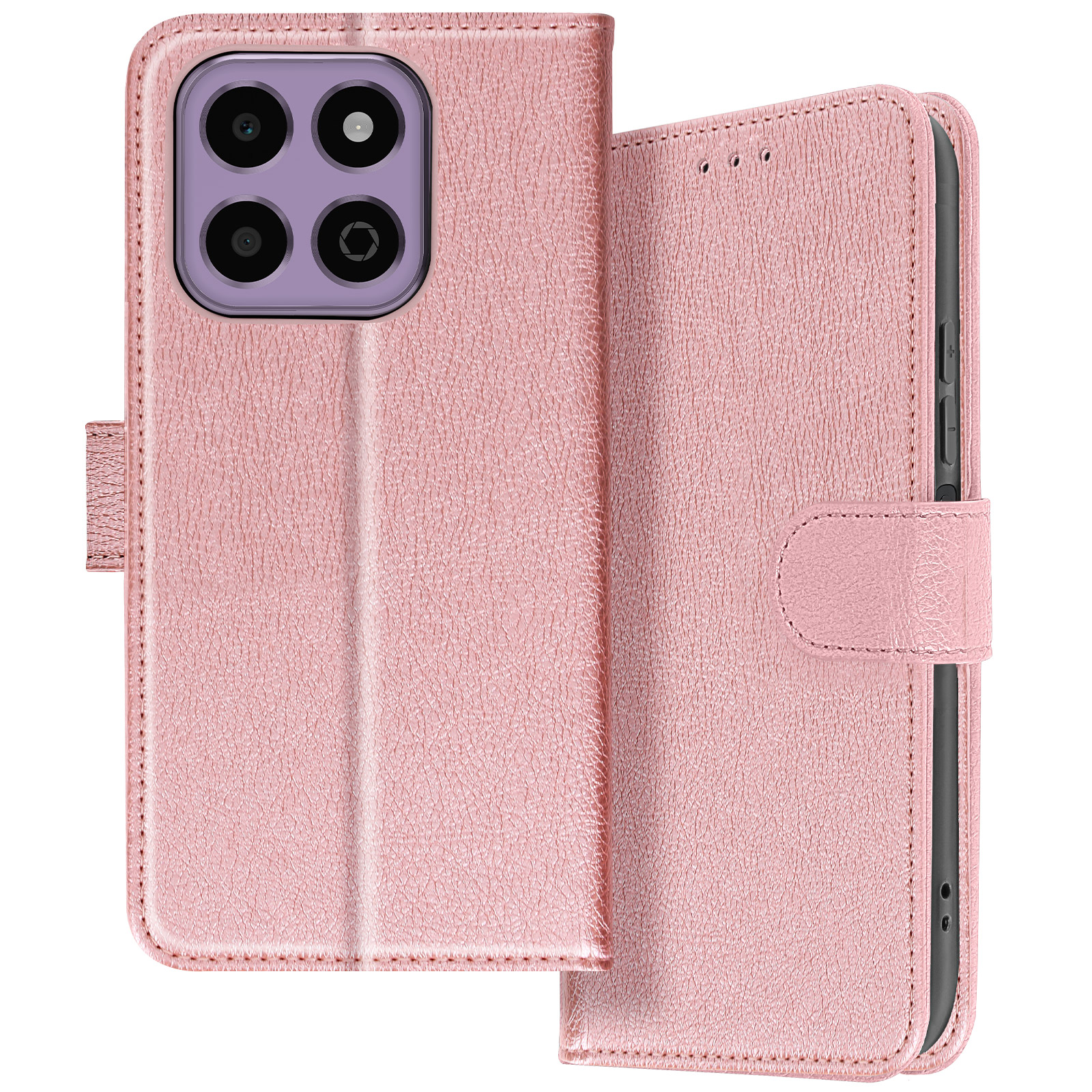 Portafoglio rosa chiuso, con telefono, quattro fotocamere e chiusura magnetica.
