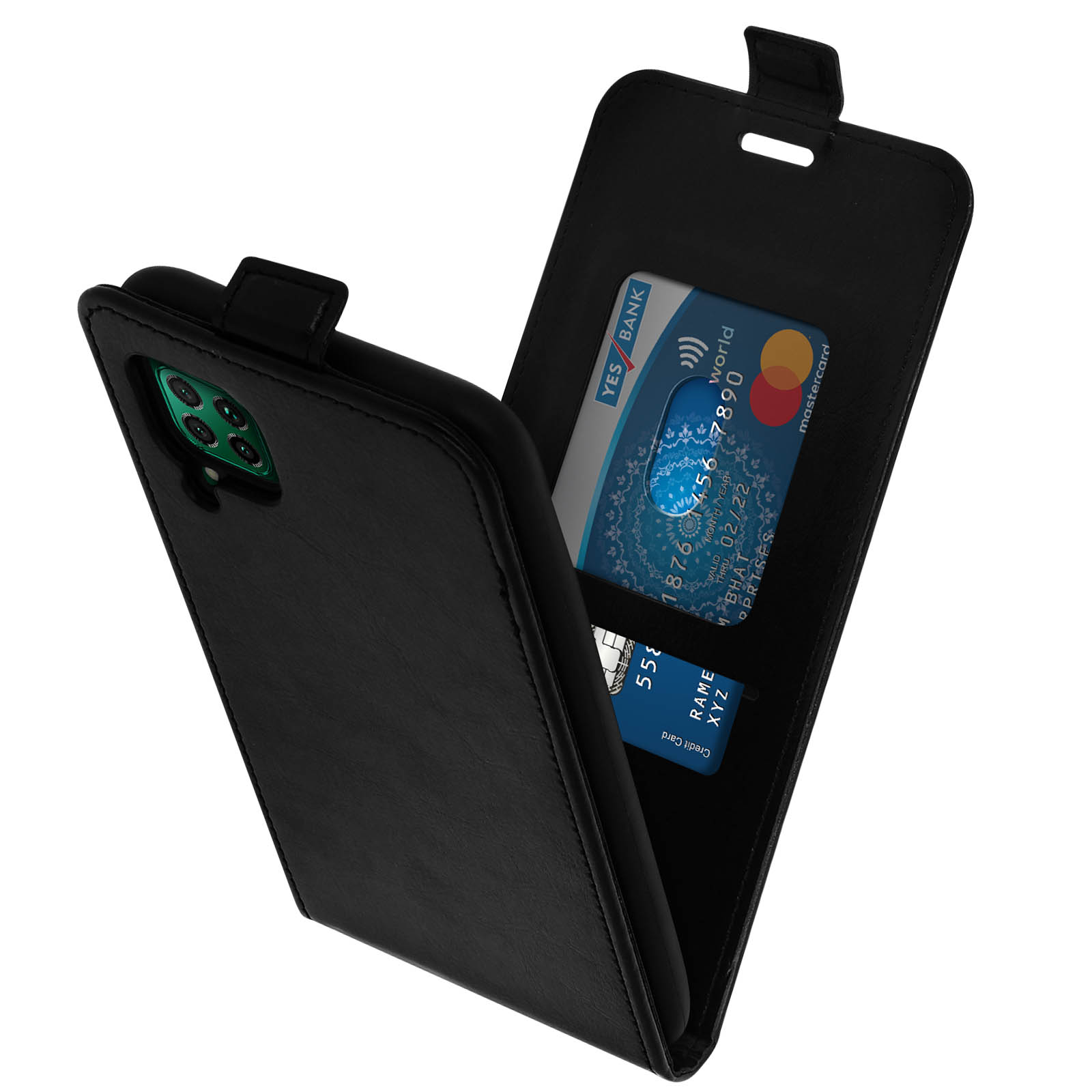 Custodia nera aperta con carte di credito. Una carta Yes Bank e una Mastercard sono visibili.