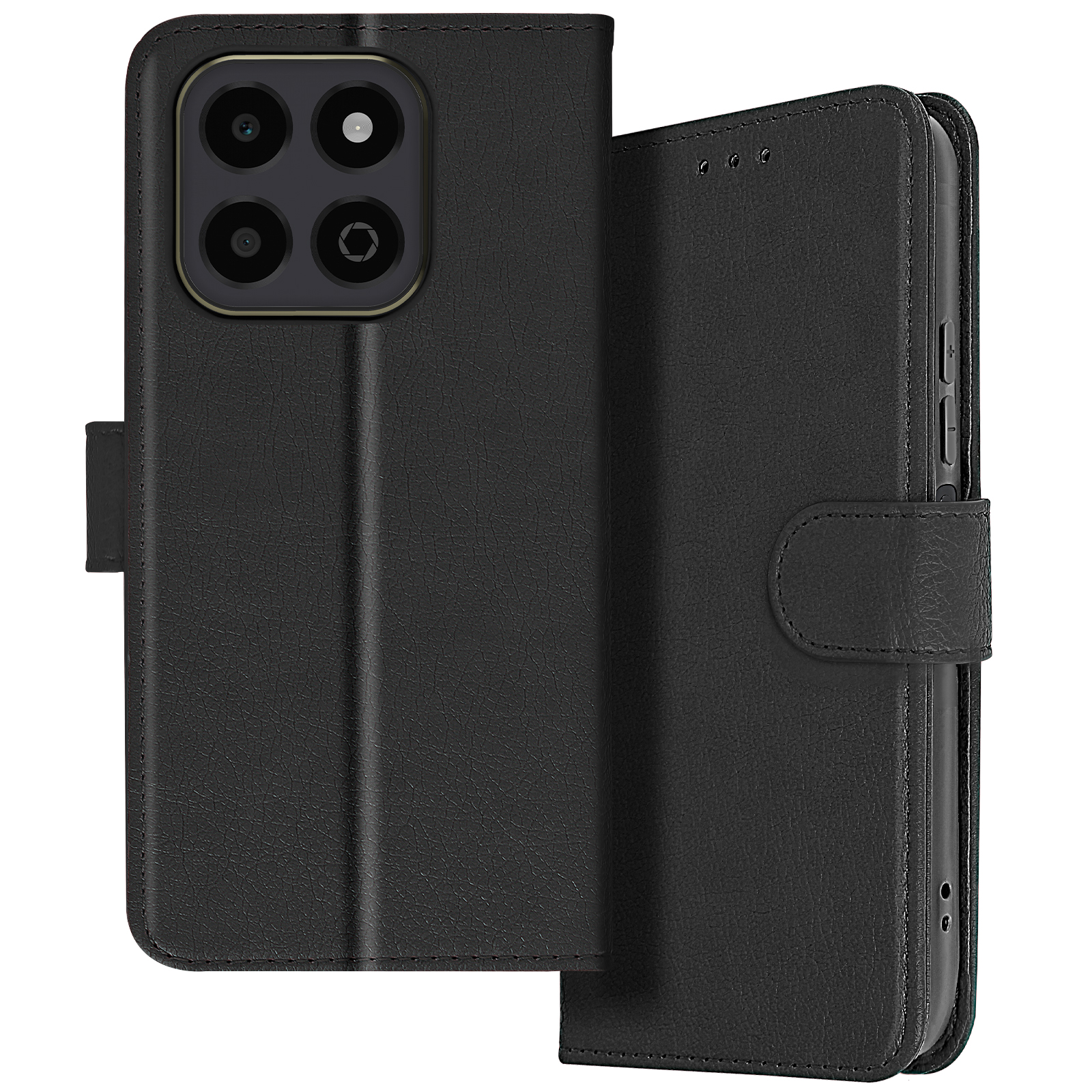 Portafoglio nero chiuso, con telefono e quattro fotocamere visibili.