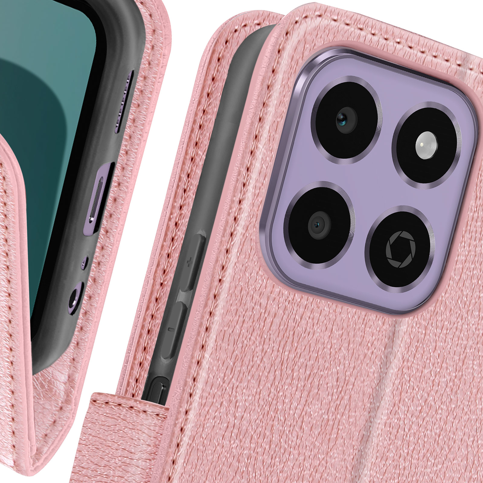 Primo piano di una custodia rosa, che mostra la fotocamera e i pulsanti laterali del telefono.