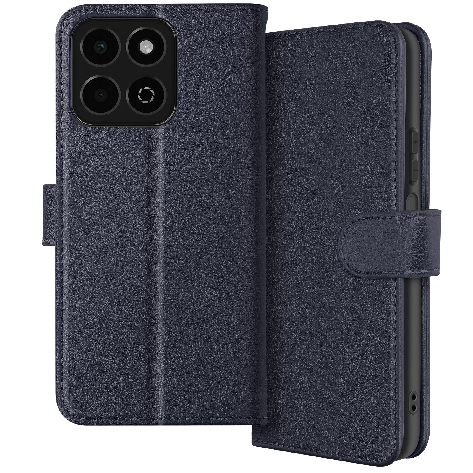 Portafoglio blu chiuso con telefono e quattro fotocamere visibili.