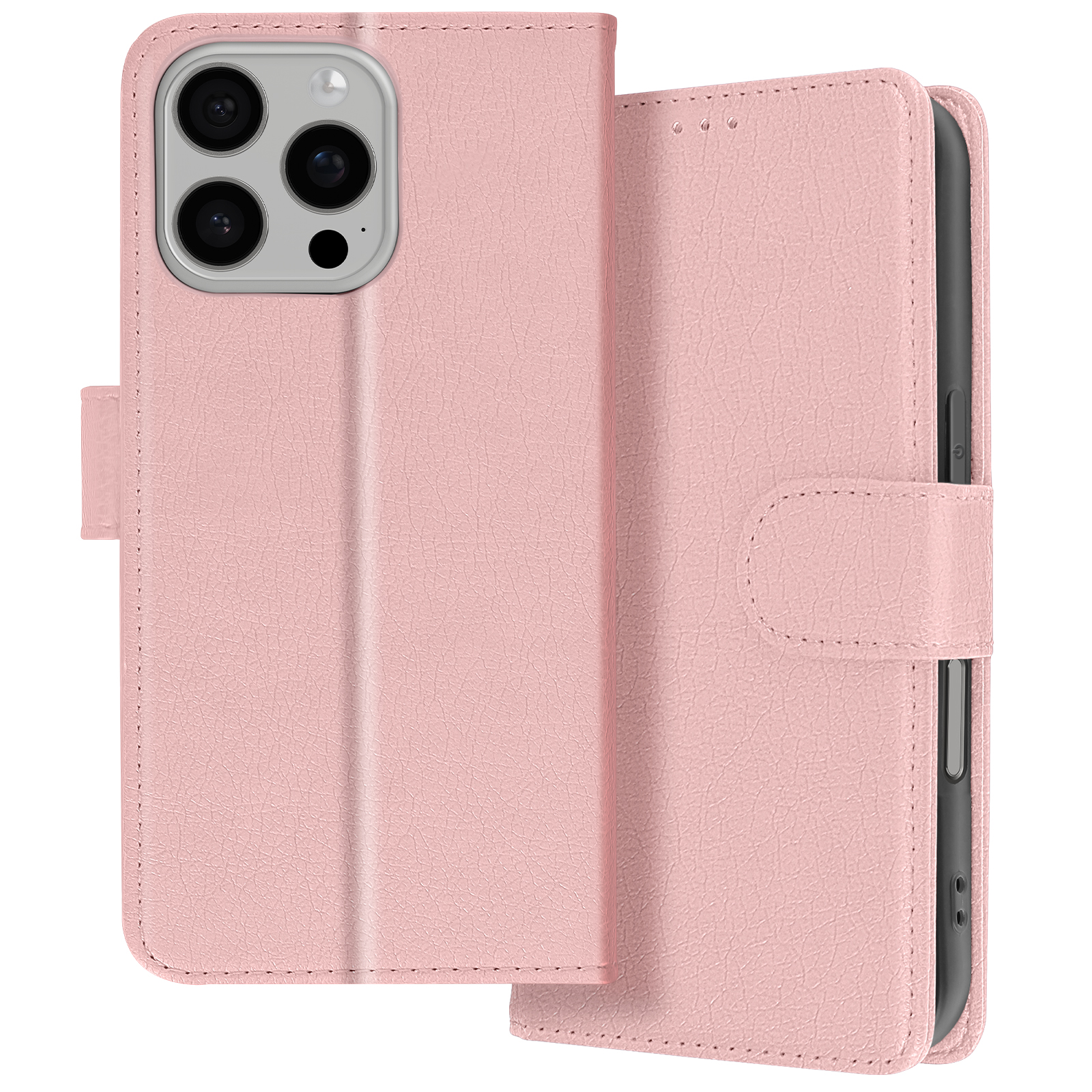 Custodia a portafoglio rosa aperta con telefono all'interno. Ha fessure per carte.